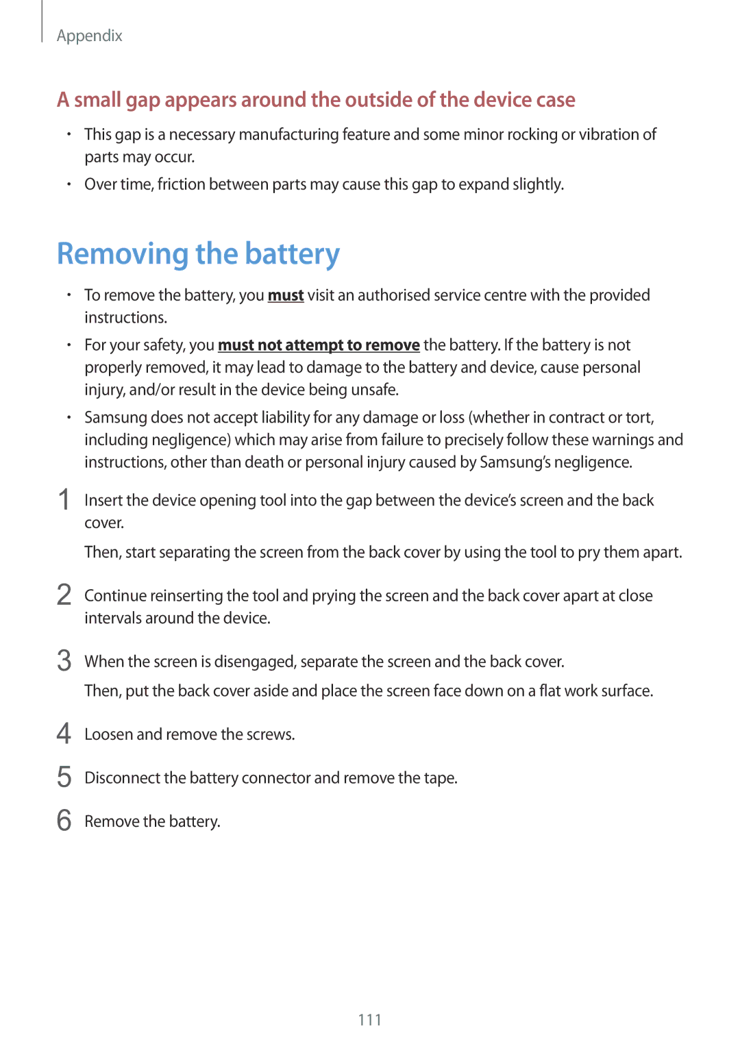 Samsung SM-T531NZWASER, SM-T531NYKASER manual Removing the battery, Small gap appears around the outside of the device case 