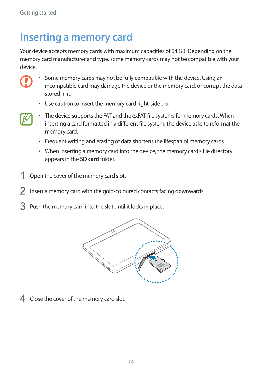 Samsung SM-T531NYKASER, SM-T531NZWASER manual Inserting a memory card 