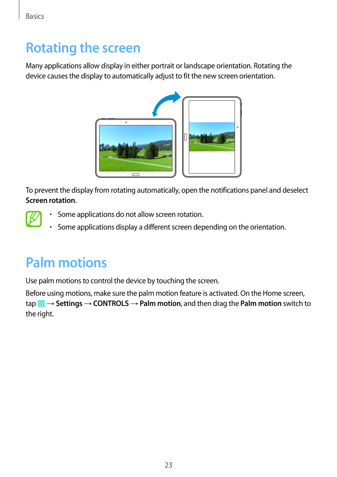 Samsung SM-T531NZWASER, SM-T531NYKASER manual Rotating the screen, Palm motions 