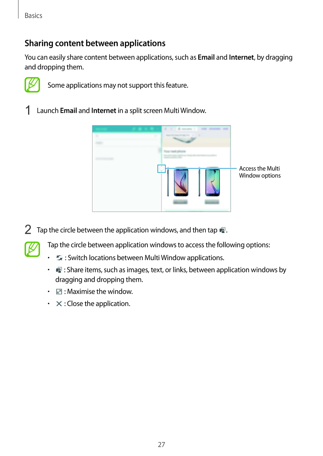 Samsung SM-T531NZWASER, SM-T531NYKASER manual Sharing content between applications 