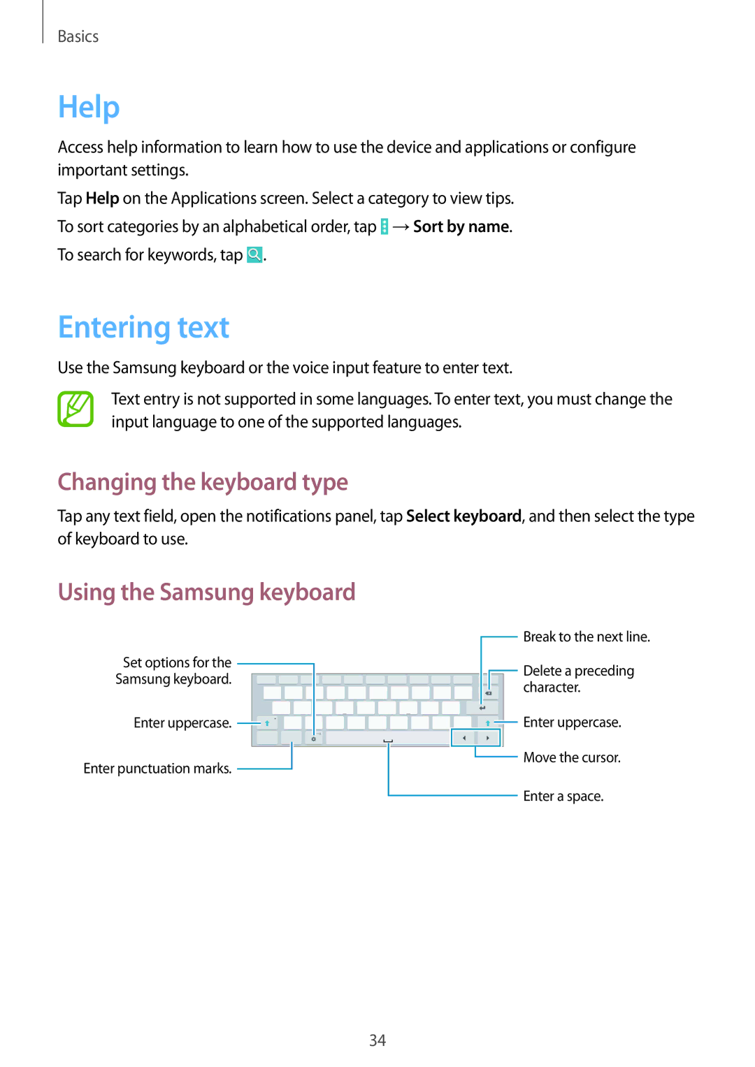 Samsung SM-T531NYKASER, SM-T531NZWASER manual Help, Entering text, Changing the keyboard type 