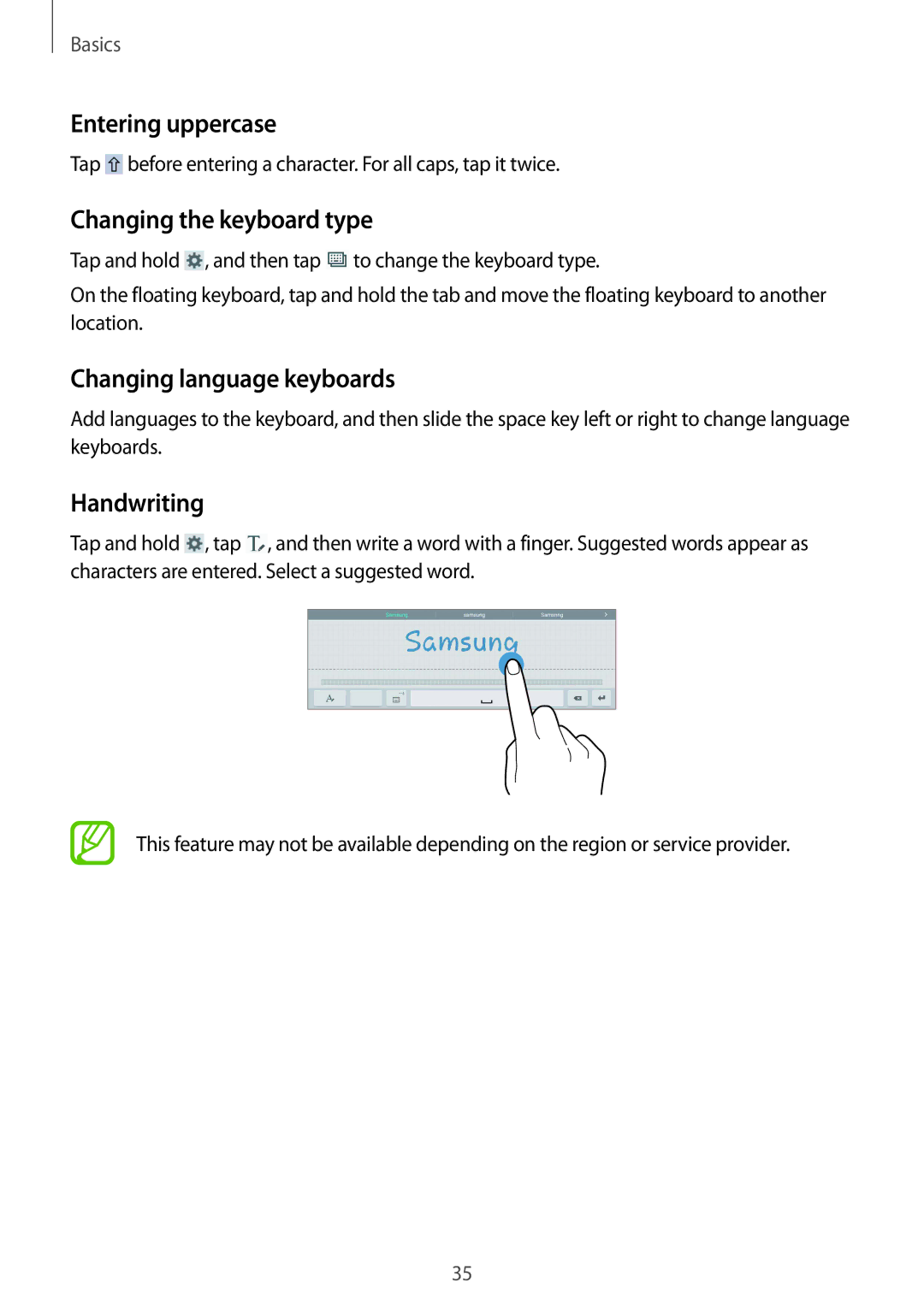 Samsung SM-T531NZWASER manual Entering uppercase, Changing the keyboard type, Changing language keyboards, Handwriting 