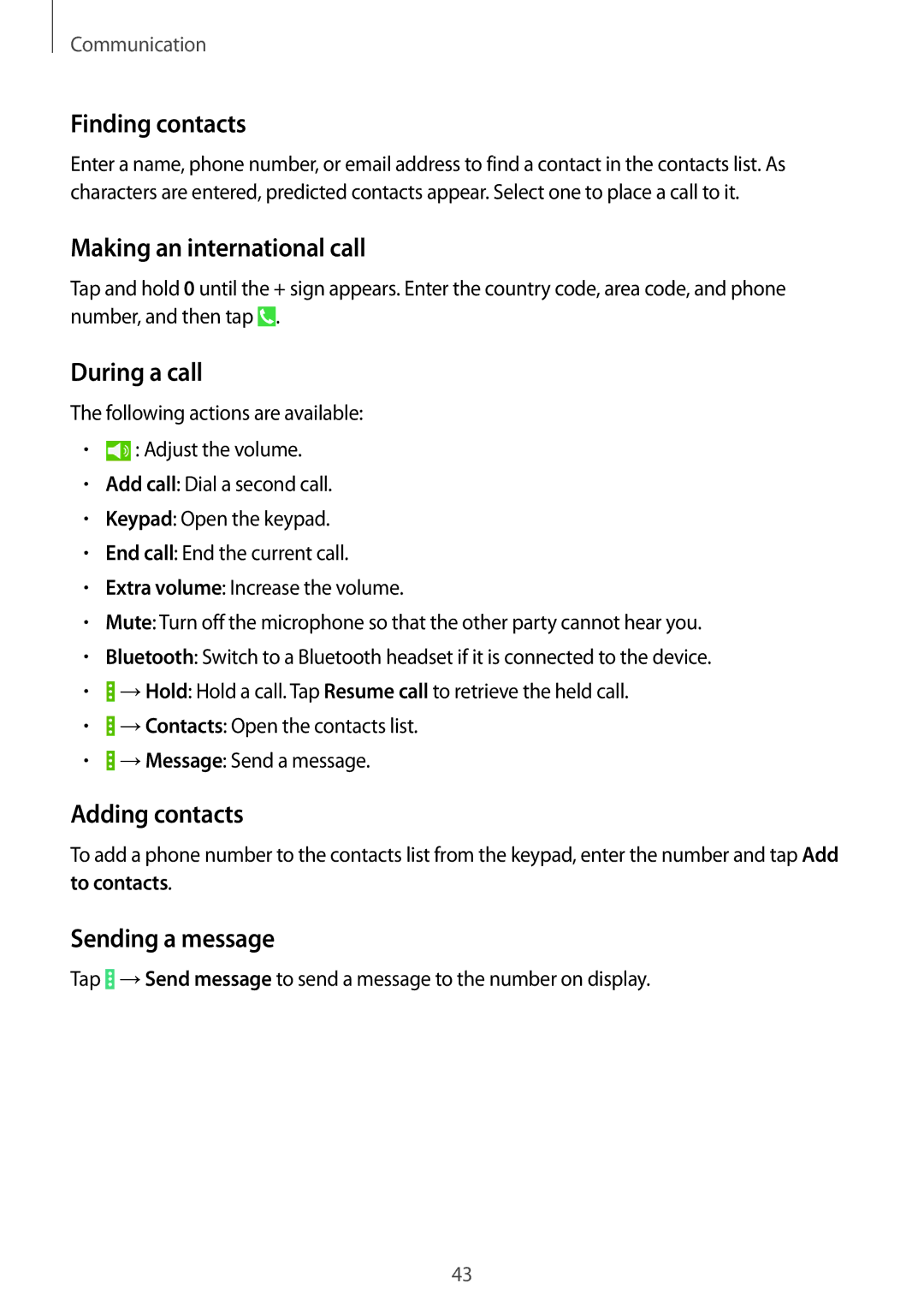 Samsung SM-T531NZWASER Finding contacts, Making an international call, During a call, Adding contacts, Sending a message 