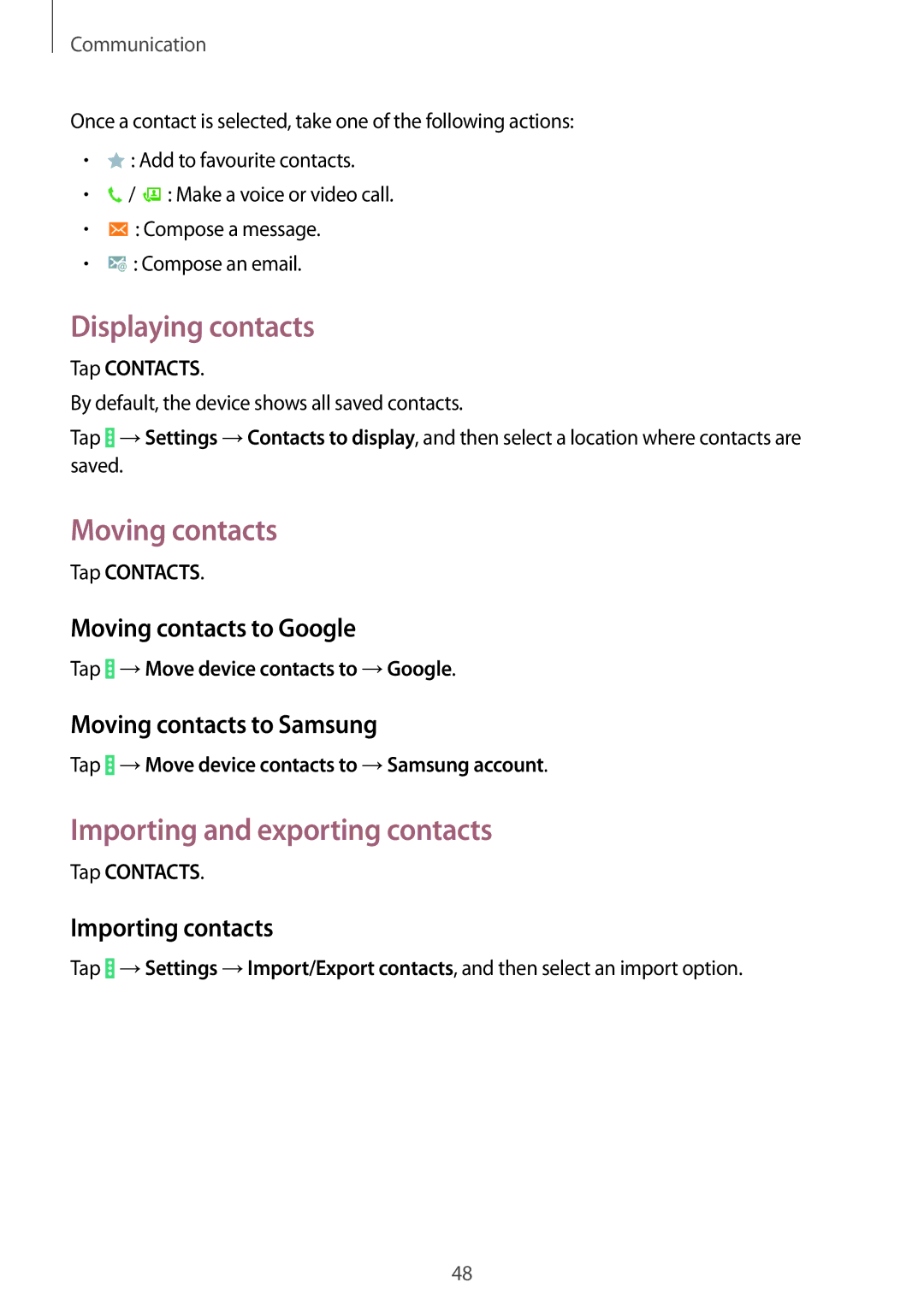 Samsung SM-T531NYKASER, SM-T531NZWASER manual Displaying contacts, Moving contacts, Importing and exporting contacts 