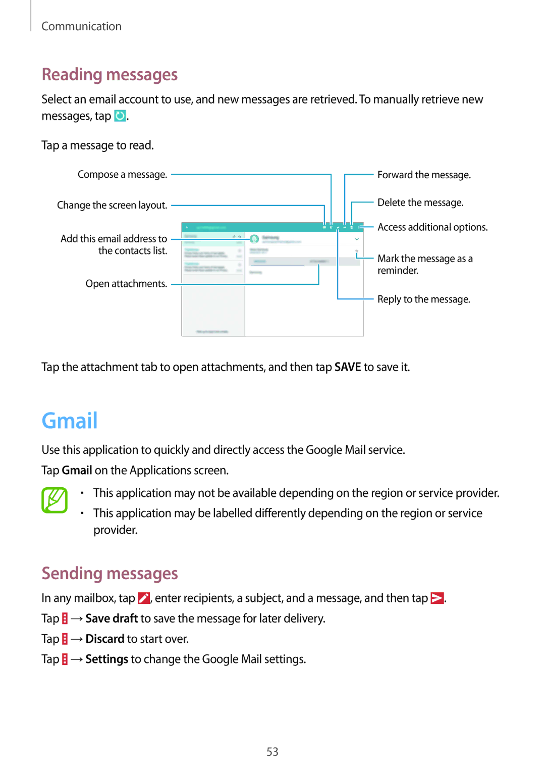 Samsung SM-T531NZWASER, SM-T531NYKASER manual Gmail, Reading messages 