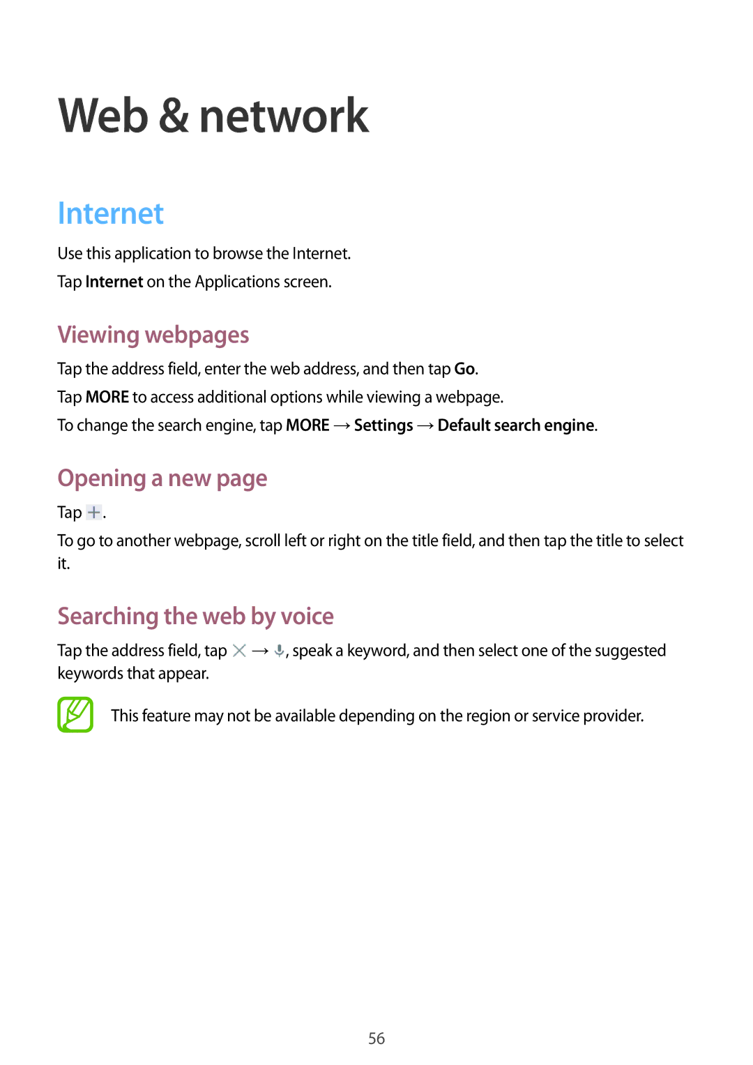 Samsung SM-T531NYKASER manual Web & network, Internet, Viewing webpages, Opening a new, Searching the web by voice 