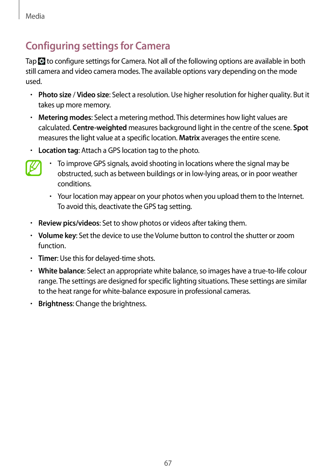 Samsung SM-T531NZWASER, SM-T531NYKASER manual Configuring settings for Camera 