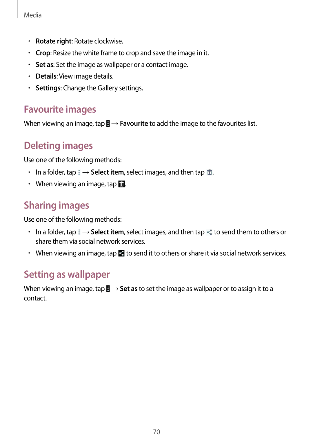 Samsung SM-T531NYKASER, SM-T531NZWASER manual Favourite images, Deleting images, Sharing images, Setting as wallpaper 