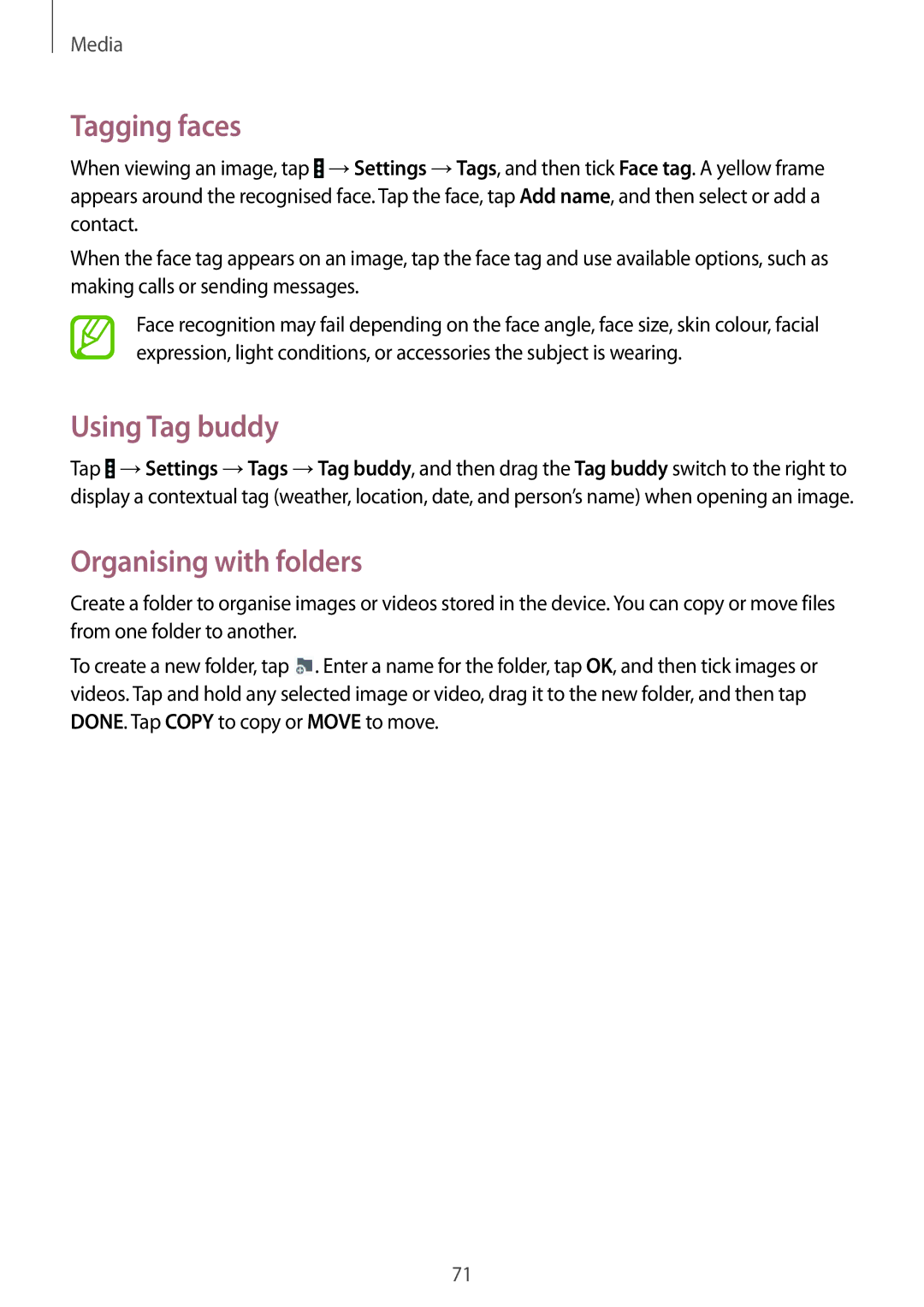 Samsung SM-T531NZWASER, SM-T531NYKASER manual Tagging faces, Using Tag buddy 