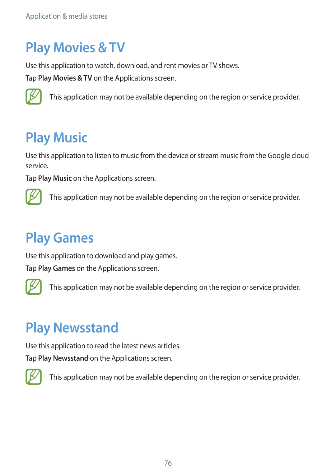 Samsung SM-T531NYKASER, SM-T531NZWASER manual Play Movies & TV, Play Music, Play Games, Play Newsstand 