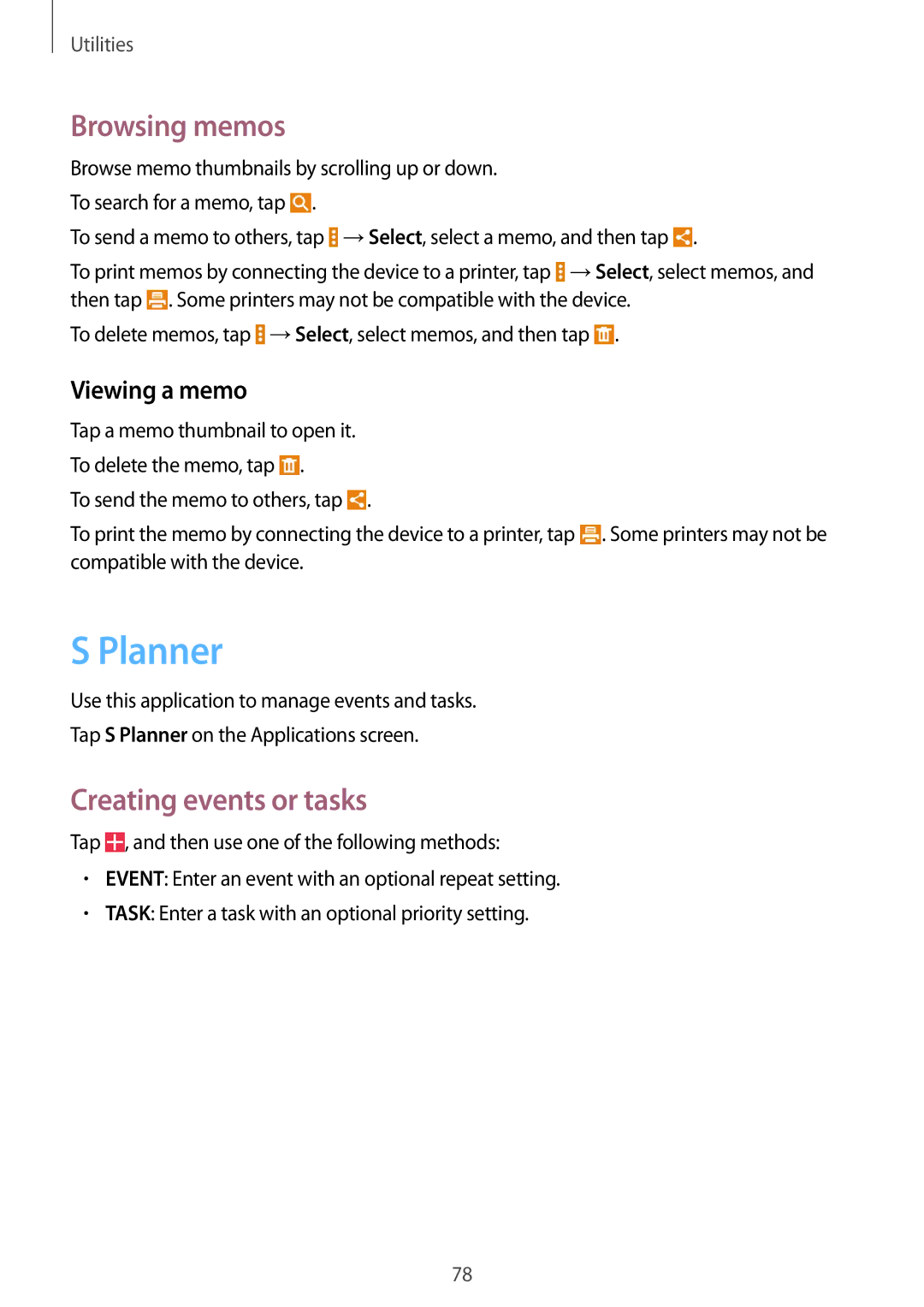 Samsung SM-T531NYKASER, SM-T531NZWASER manual Planner, Browsing memos, Creating events or tasks, Viewing a memo 