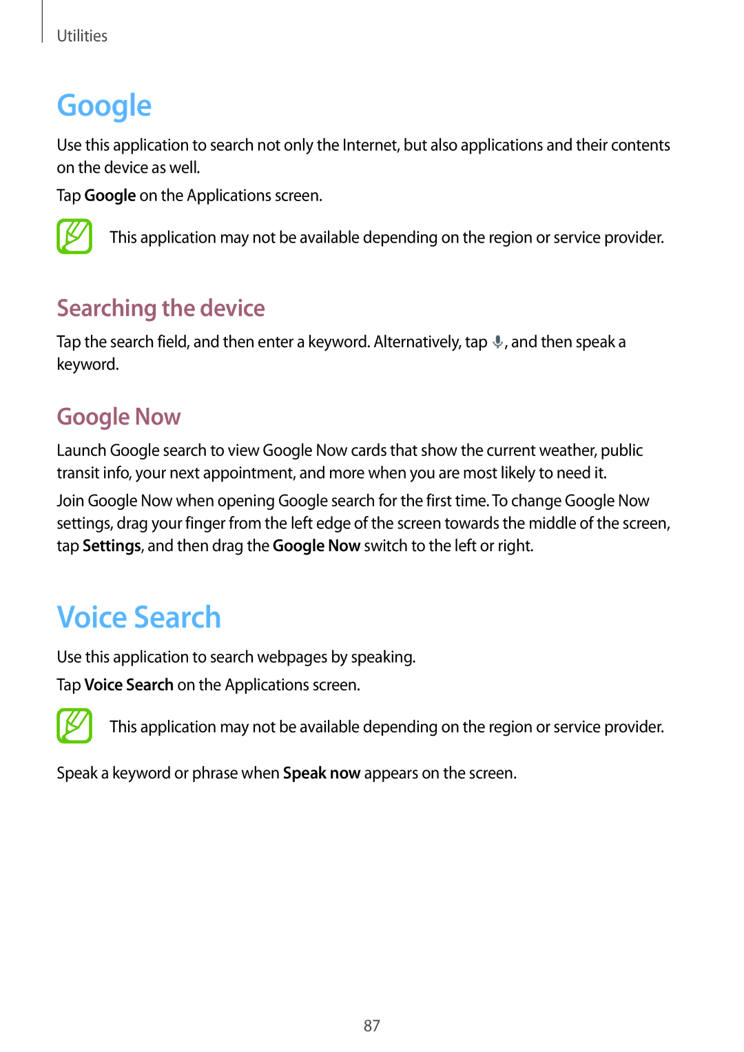 Samsung SM-T531NZWASER, SM-T531NYKASER manual Voice Search, Searching the device, Google Now 