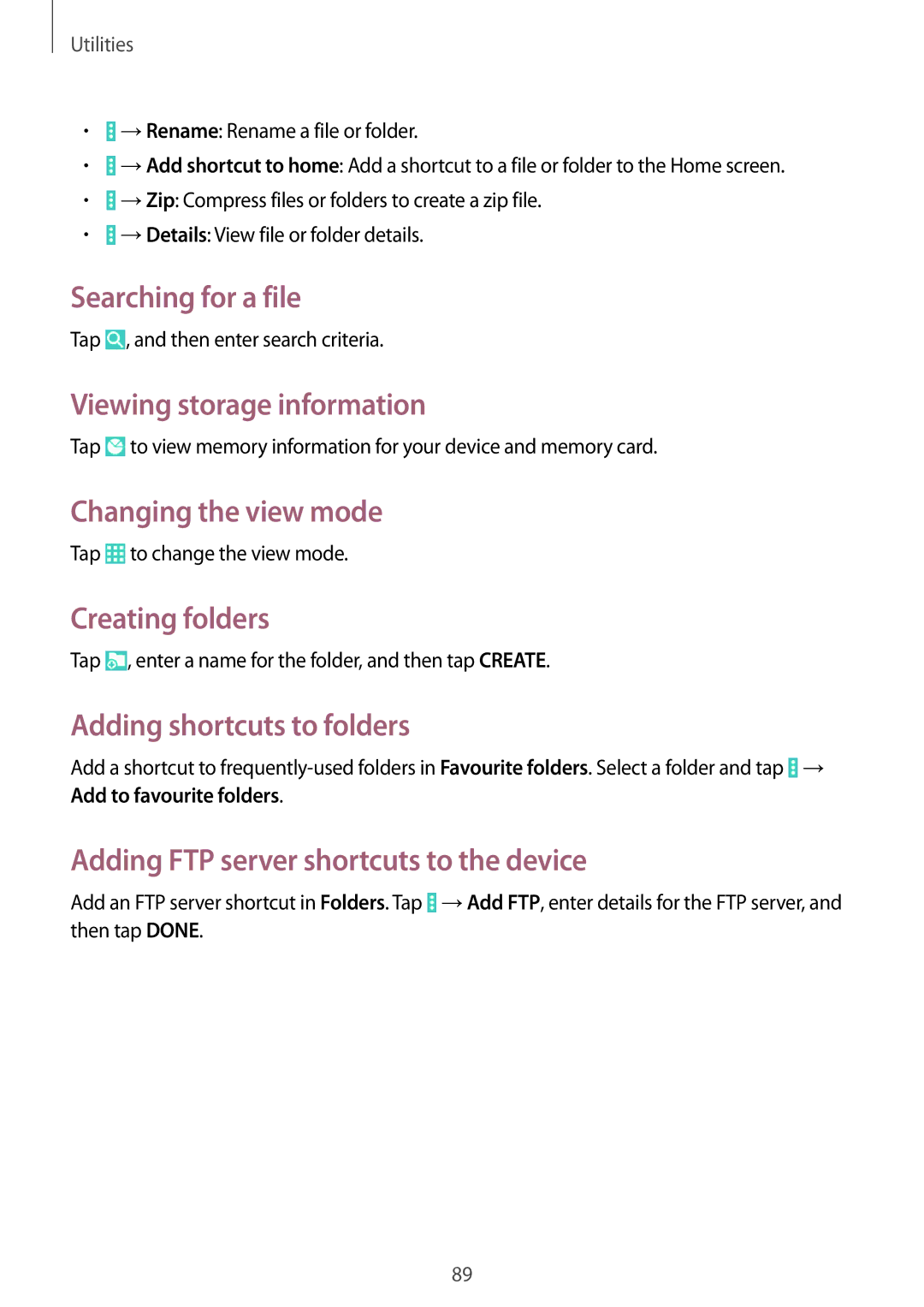 Samsung SM-T531NZWASER manual Searching for a file, Viewing storage information, Changing the view mode, Creating folders 