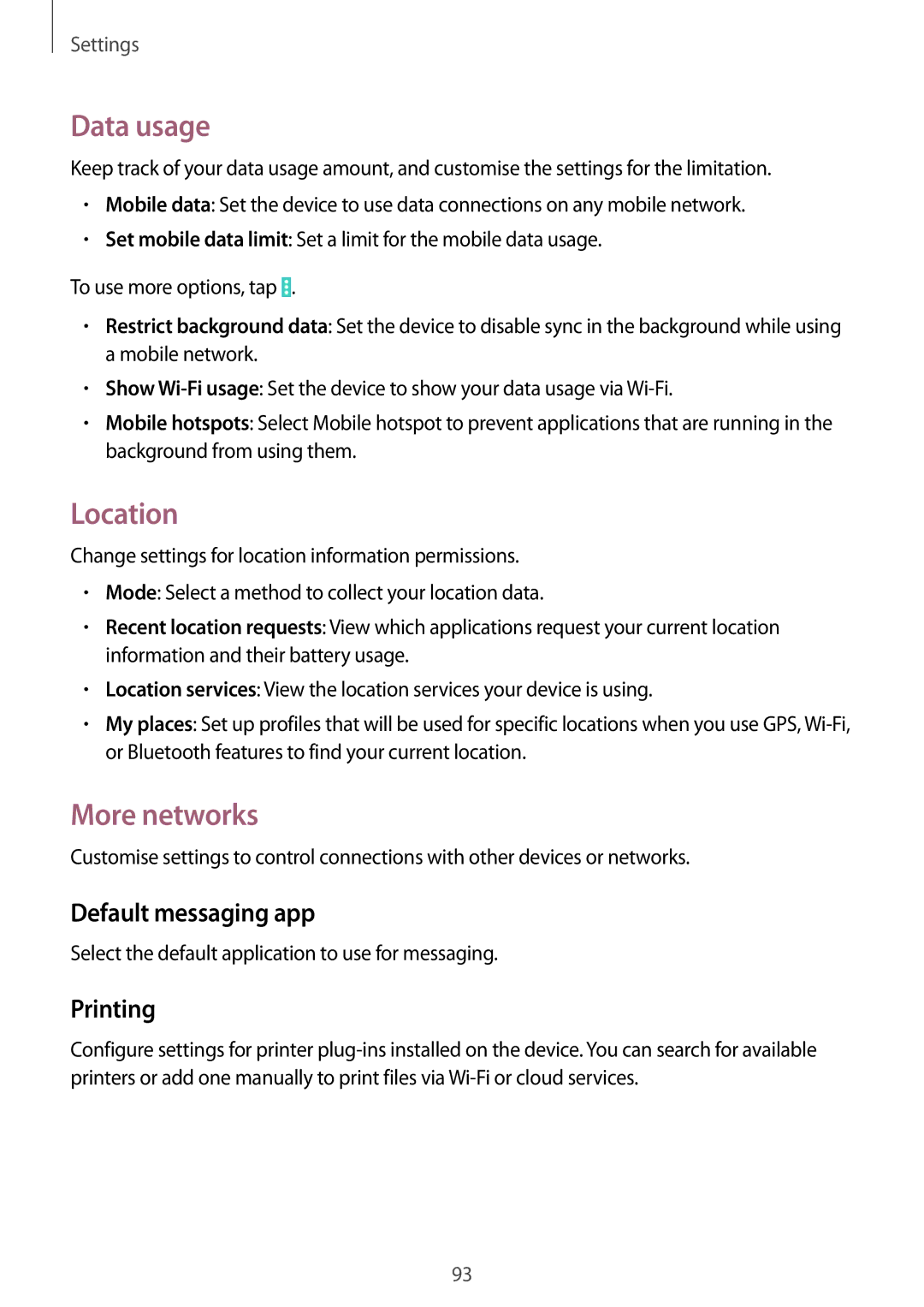 Samsung SM-T531NZWASER, SM-T531NYKASER manual Data usage, Location, More networks, Default messaging app, Printing 