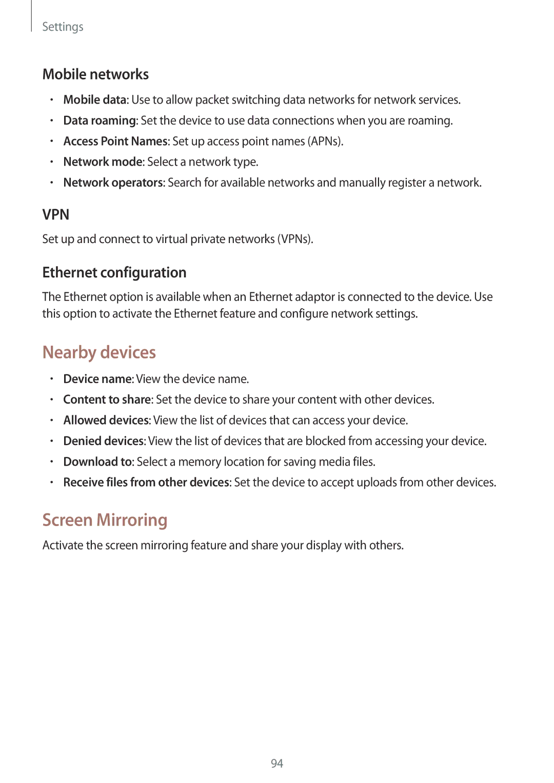 Samsung SM-T531NYKASER, SM-T531NZWASER manual Nearby devices, Screen Mirroring, Mobile networks, Ethernet configuration 