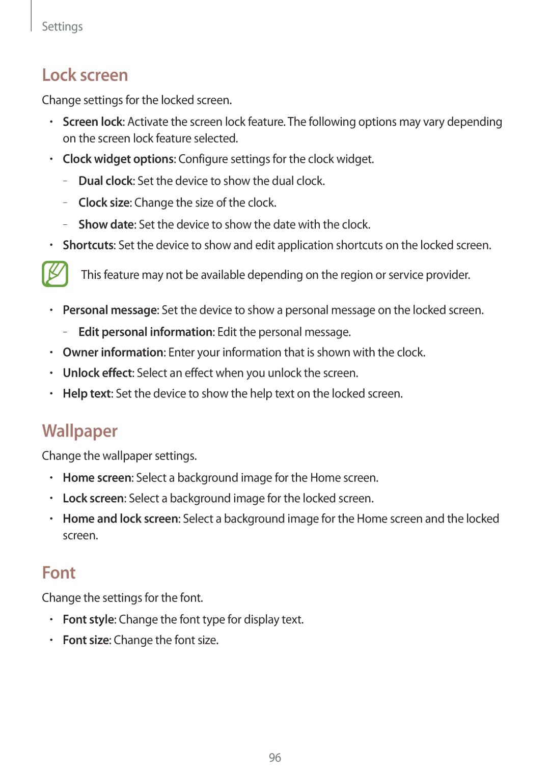 Samsung SM-T531NYKASER, SM-T531NZWASER manual Lock screen, Wallpaper, Font 