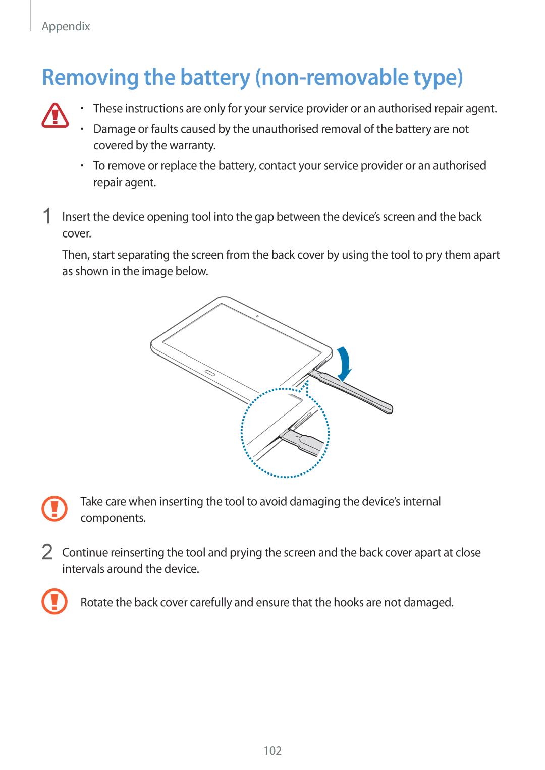 Samsung SM-T533NZWAEUR, SM-T533NYKAXEF, SM-T533NZWEXEF, SM-T533NZWAXEF manual Removing the battery non-removable type 