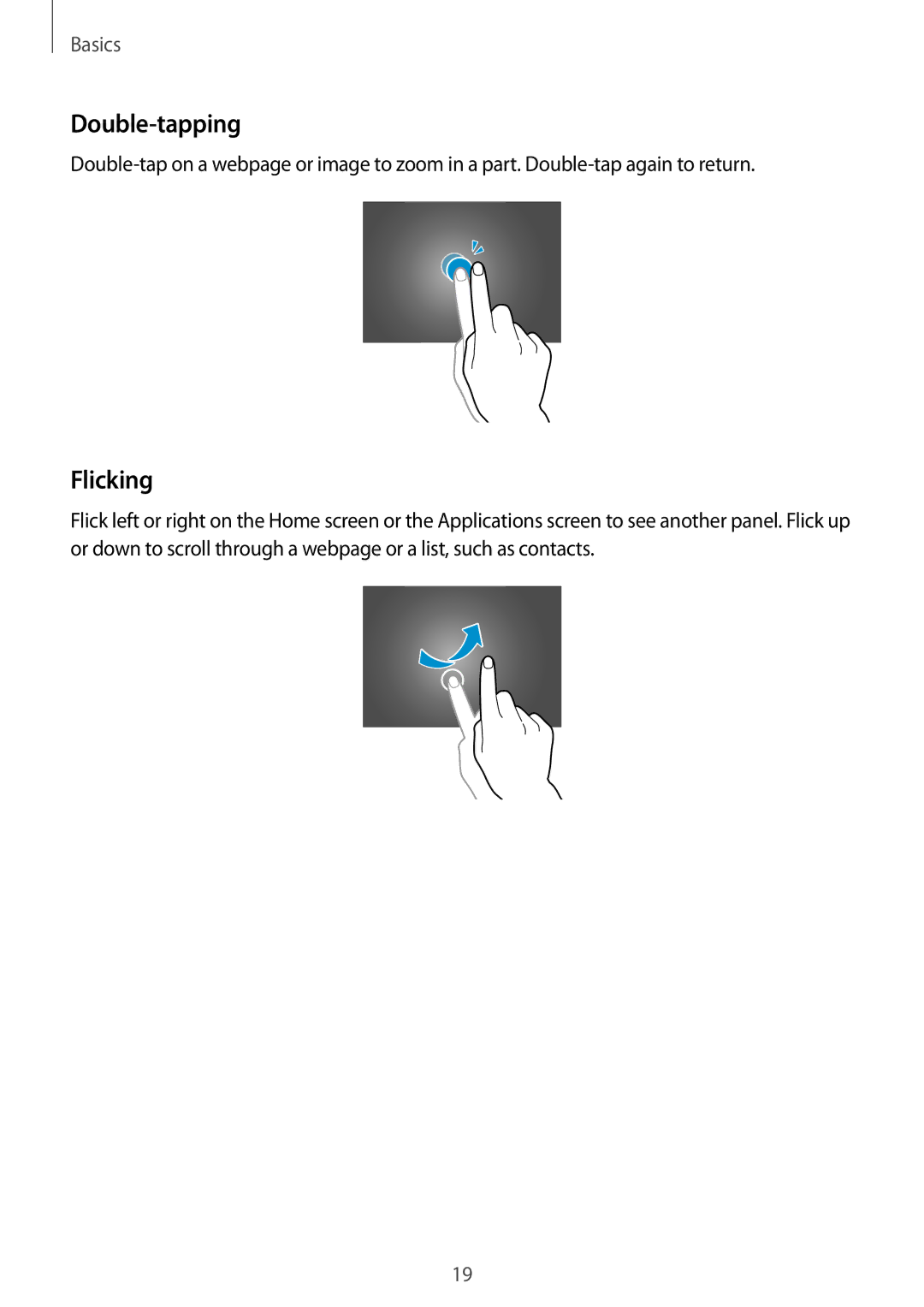 Samsung SM-T533NZWAXEO, SM-T533NYKAXEF, SM-T533NZWEXEF, SM-T533NZWAXEF, SM-T533NZWAAUT manual Double-tapping, Flicking 