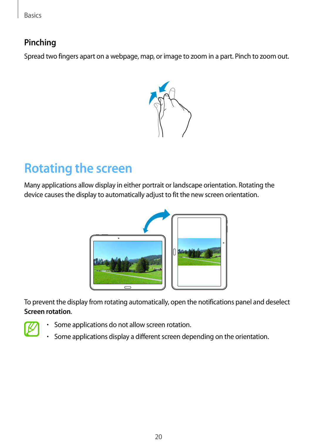 Samsung SM-T533NYKAXSK, SM-T533NYKAXEF, SM-T533NZWEXEF, SM-T533NZWAXEF, SM-T533NZWAAUT manual Rotating the screen, Pinching 