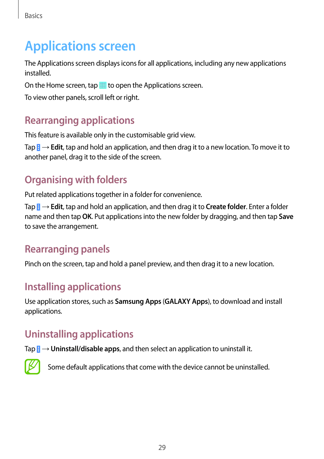 Samsung SM-T533NZWAAUT Applications screen, Rearranging applications, Organising with folders, Installing applications 