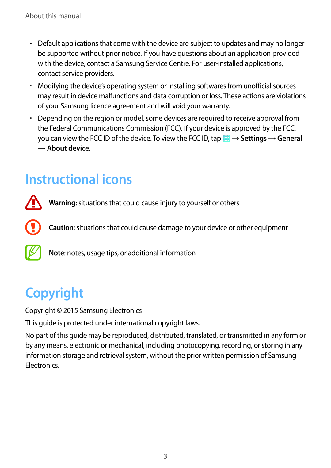 Samsung SM-T533NZWAAUT, SM-T533NYKAXEF, SM-T533NZWEXEF, SM-T533NZWAXEF manual Instructional icons Copyright, →About device 