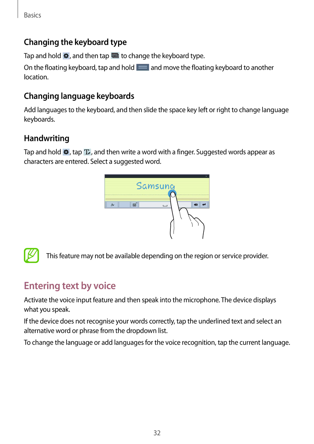 Samsung SM-T533NYKAITV manual Entering text by voice, Changing the keyboard type, Changing language keyboards, Handwriting 