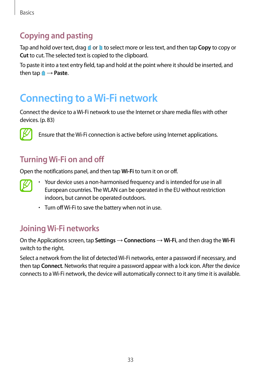 Samsung SM-T533NZWAPHE, SM-T533NYKAXEF manual Connecting to a Wi-Fi network, Copying and pasting, Turning Wi-Fi on and off 