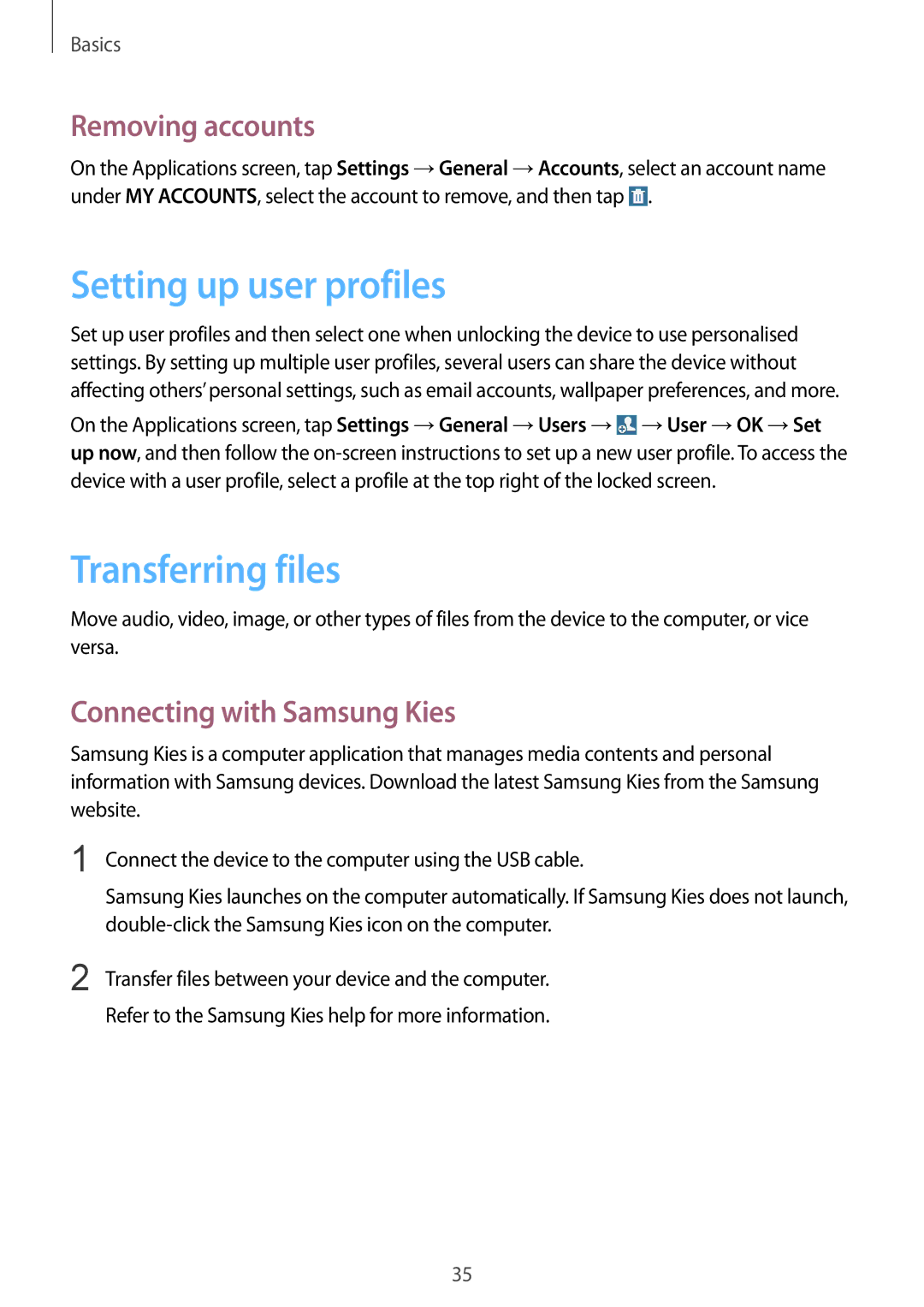 Samsung SM-T533NZWAXEH manual Setting up user profiles, Transferring files, Removing accounts, Connecting with Samsung Kies 