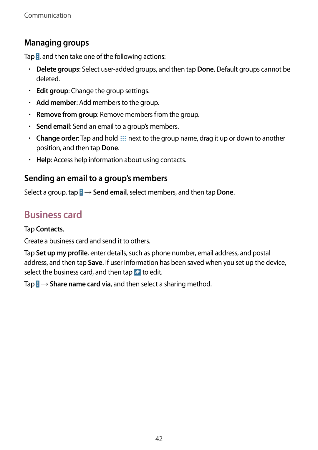 Samsung SM2T533NYKAXEH, SM-T533NYKAXEF manual Business card, Managing groups, Sending an email to a group’s members 