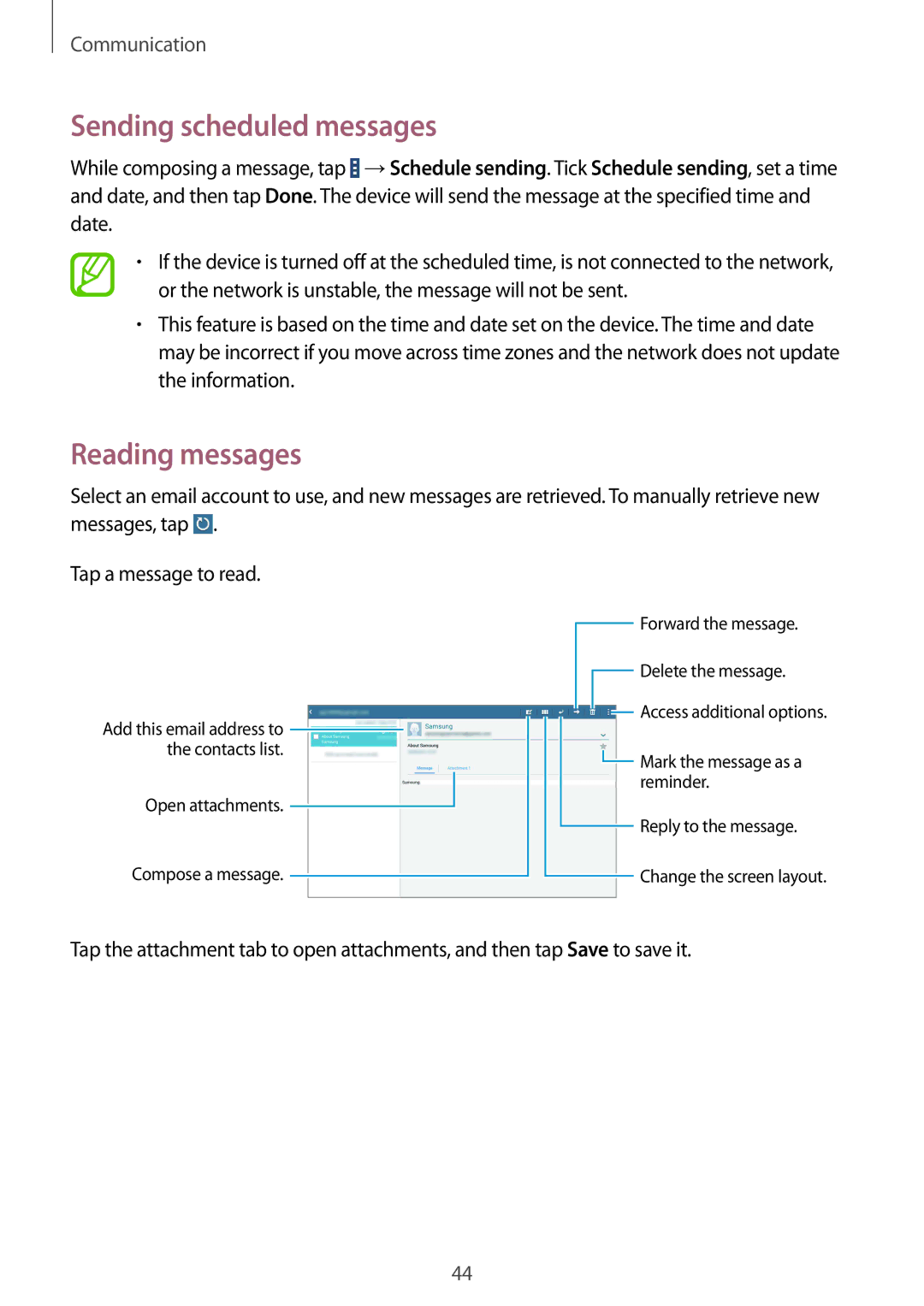 Samsung SM-T533NZWAXSK, SM-T533NYKAXEF, SM-T533NZWEXEF, SM-T533NZWAXEF manual Sending scheduled messages, Reading messages 