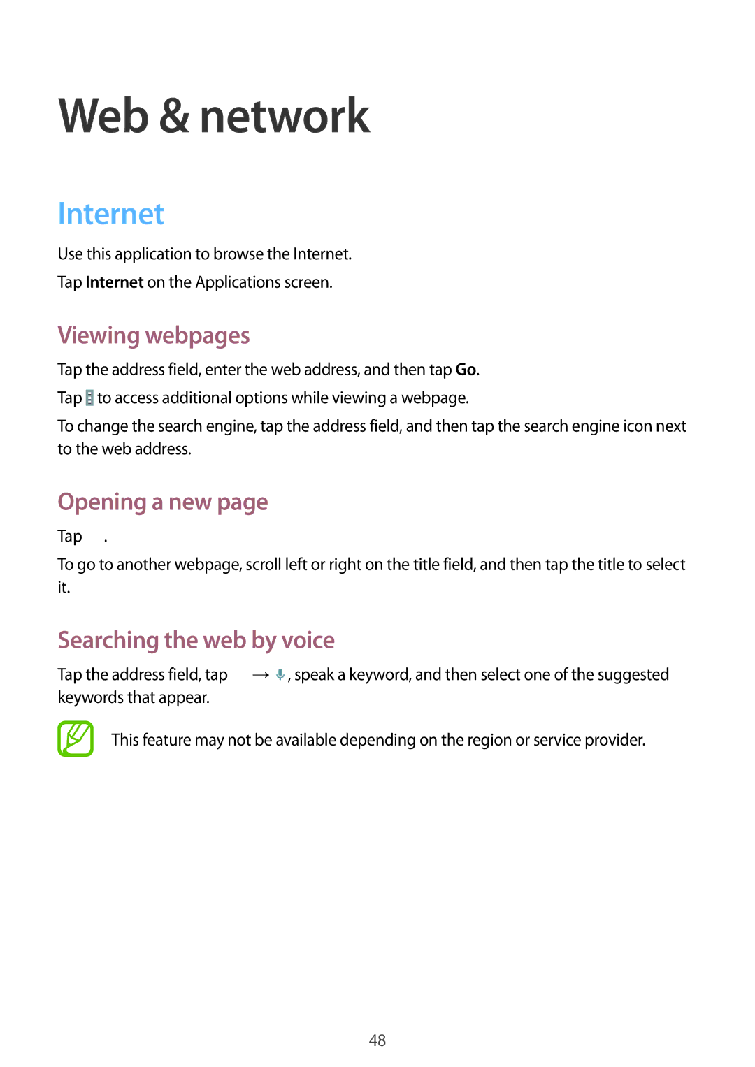 Samsung SM-T533NZWASEB manual Web & network, Internet, Viewing webpages, Opening a new, Searching the web by voice 