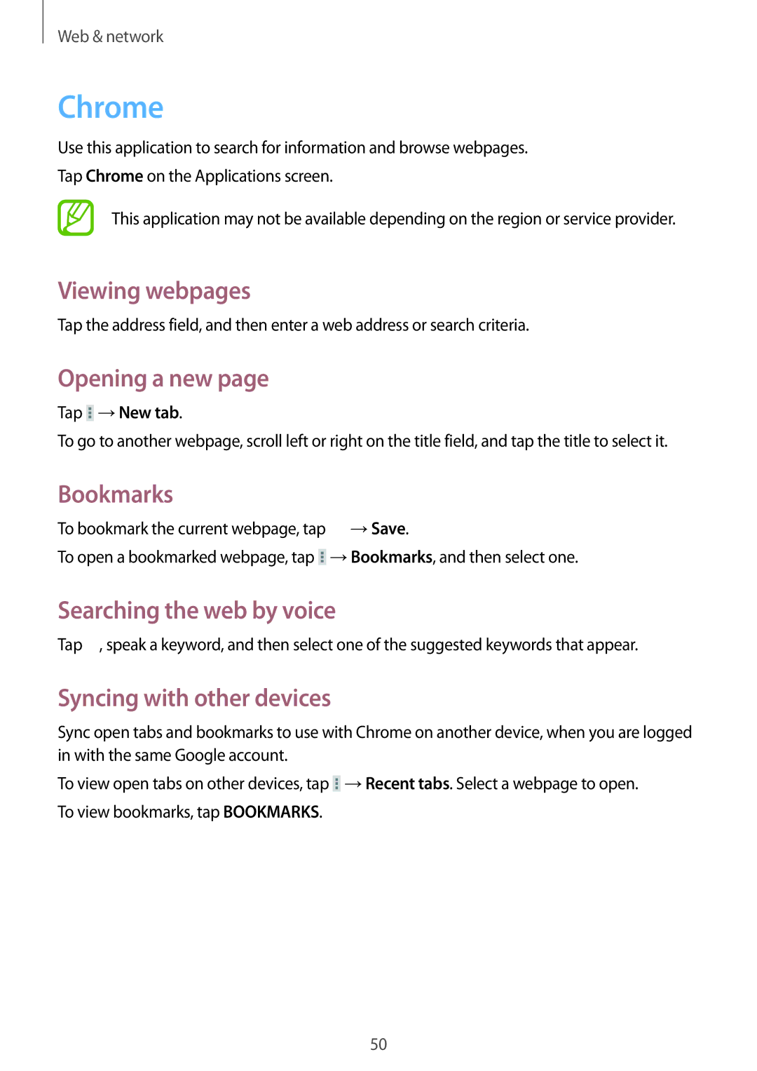 Samsung SM-T533NZWAEUR, SM-T533NYKAXEF, SM-T533NZWEXEF manual Chrome, Syncing with other devices, Tap →New tab, →Save 