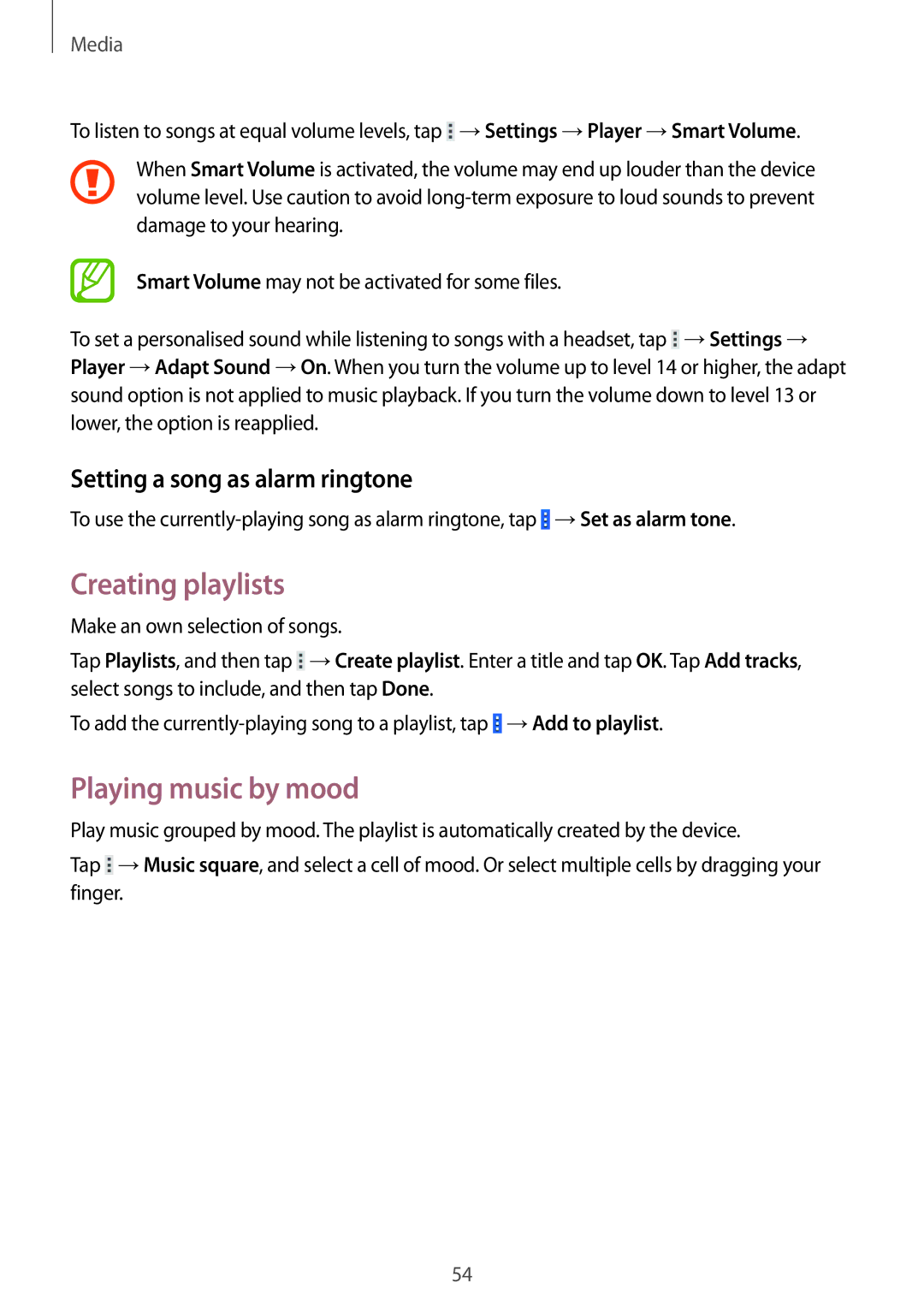 Samsung SM-T533NZWAXEF, SM-T533NYKAXEF manual Creating playlists, Playing music by mood, Setting a song as alarm ringtone 