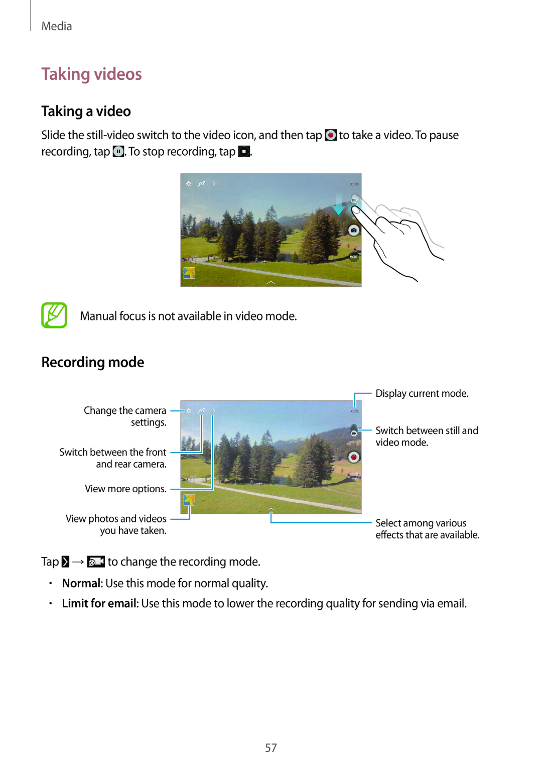 Samsung SM-T533NYKAAUT, SM-T533NYKAXEF, SM-T533NZWEXEF, SM-T533NZWAXEF manual Taking videos, Taking a video, Recording mode 
