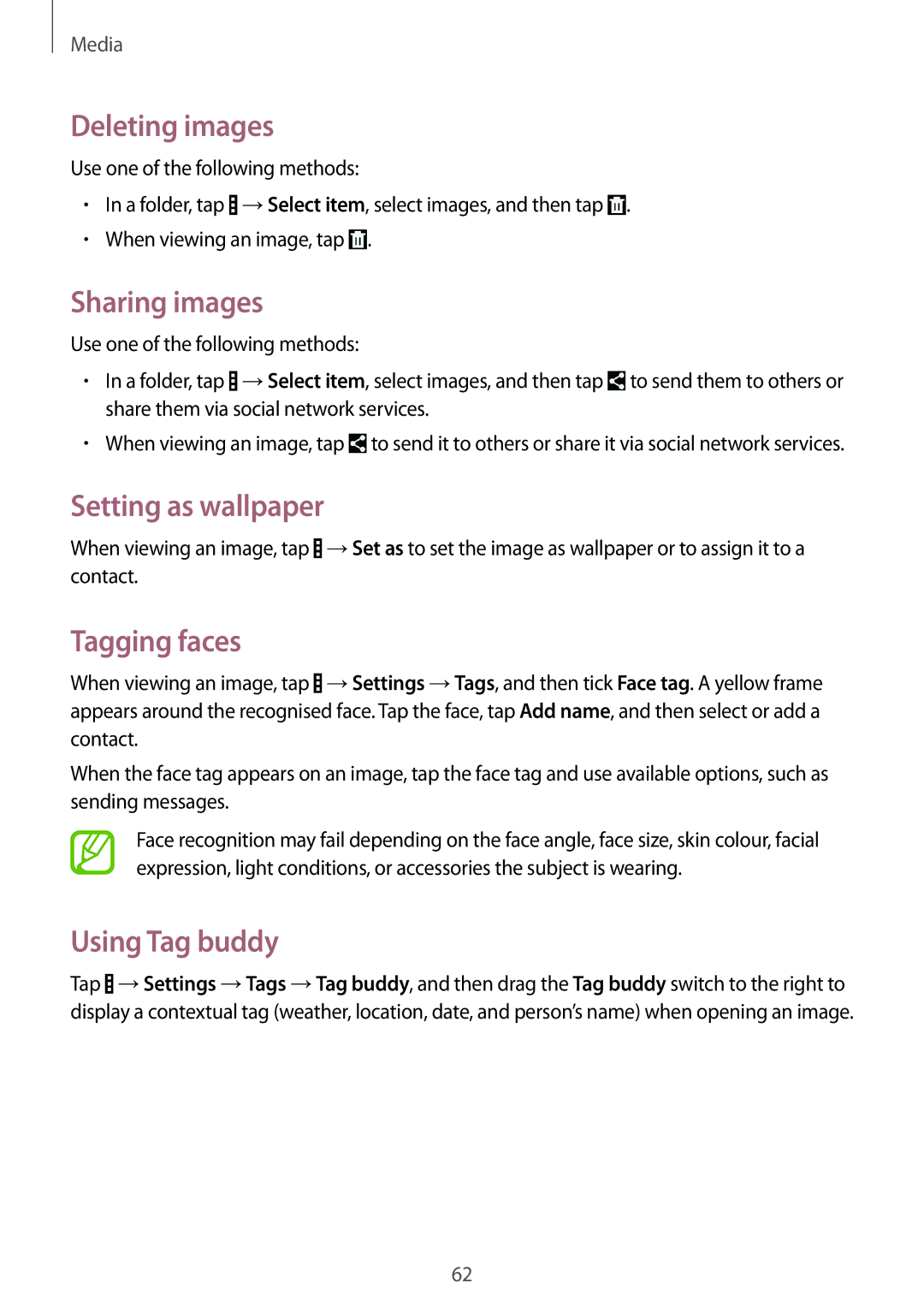 Samsung SM2T533NYKAXEZ manual Deleting images, Sharing images, Setting as wallpaper, Tagging faces, Using Tag buddy 