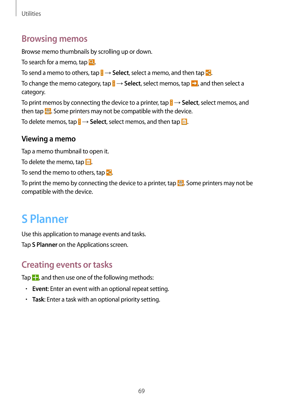 Samsung SM-T533NYKAATO, SM-T533NYKAXEF, SM-T533NZWEXEF Planner, Browsing memos, Creating events or tasks, Viewing a memo 