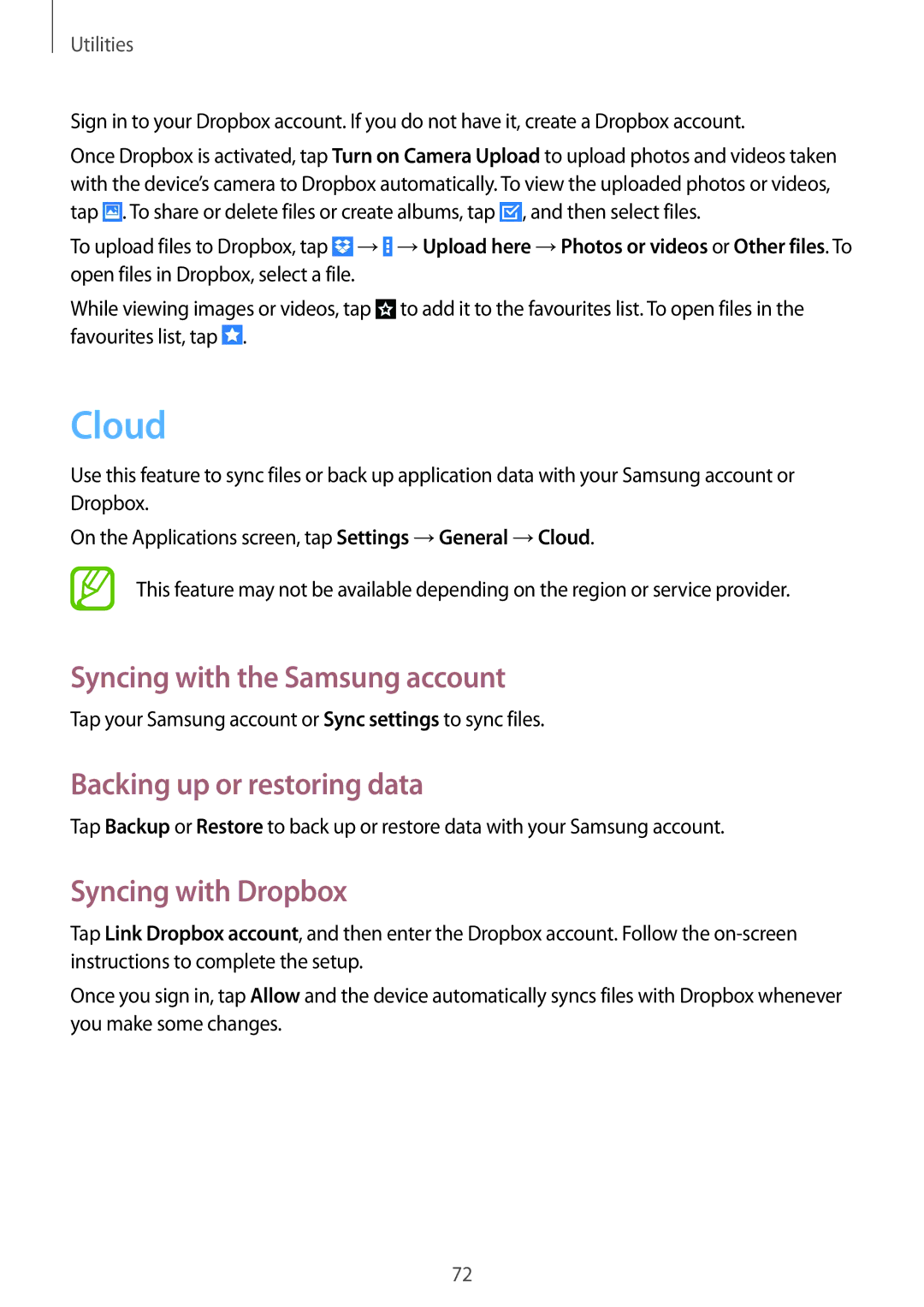 Samsung SM-T533NYKAXSK manual Cloud, Syncing with the Samsung account, Backing up or restoring data, Syncing with Dropbox 