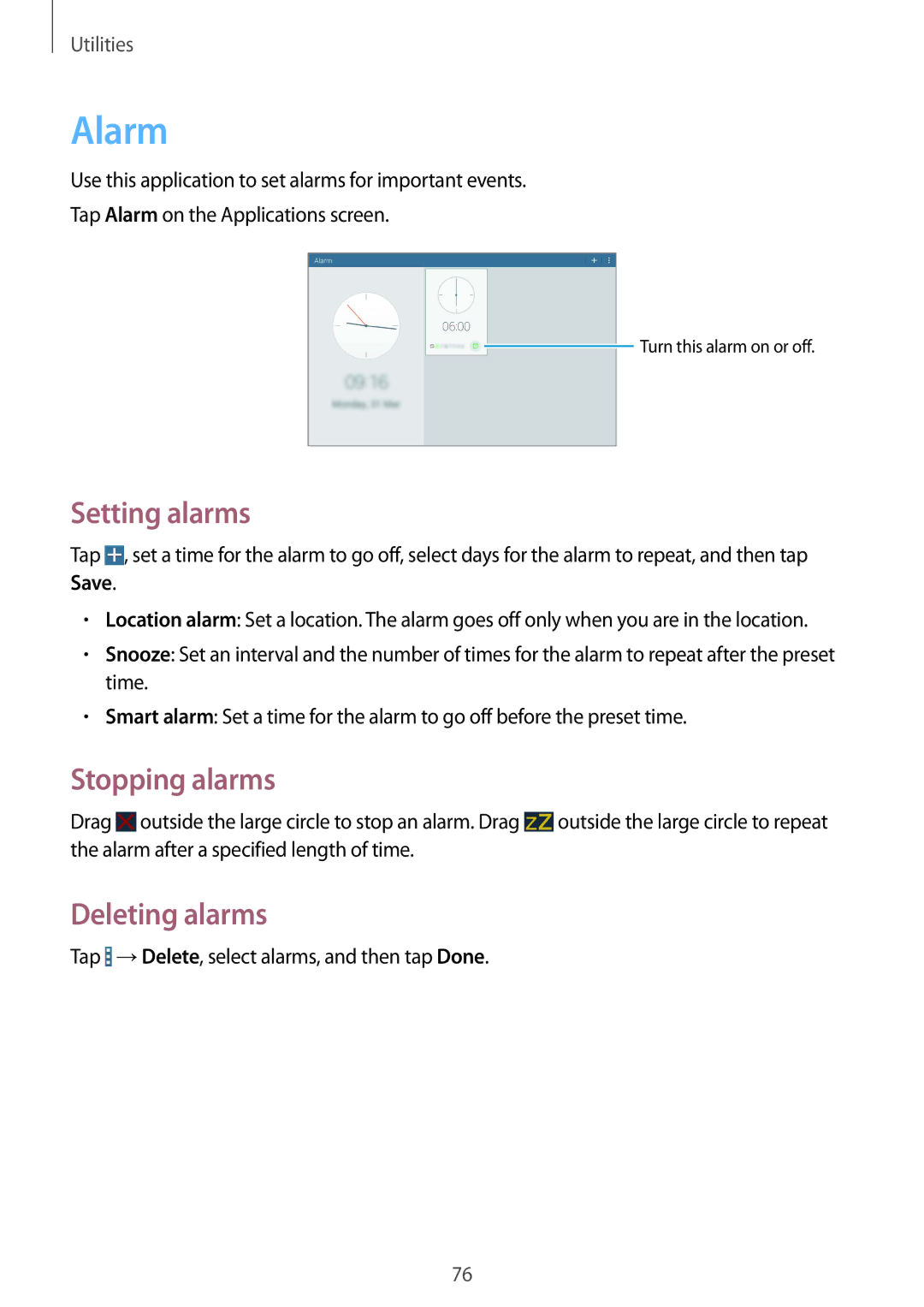 Samsung SM-T533NZWAEUR, SM-T533NYKAXEF, SM-T533NZWEXEF manual Alarm, Setting alarms, Stopping alarms, Deleting alarms 