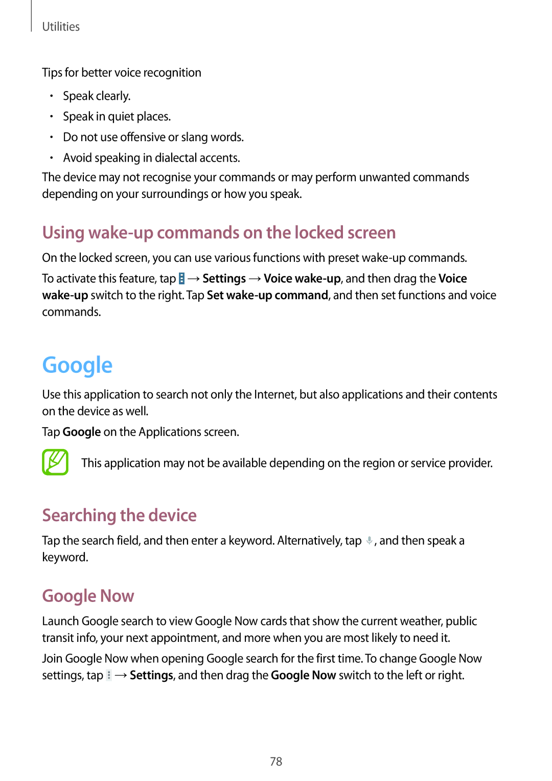 Samsung SM-T533NYKAXEF, SM-T533NZWEXEF Using wake-up commands on the locked screen, Searching the device, Google Now 