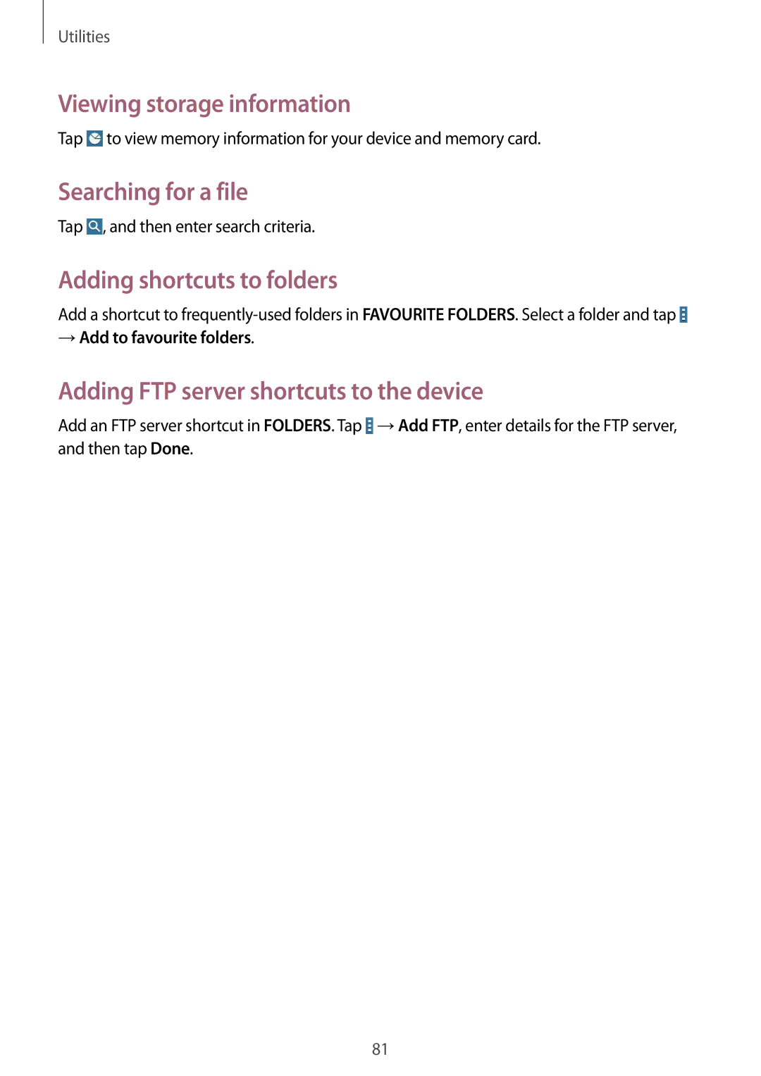 Samsung SM-T533NZWAAUT, SM-T533NYKAXEF manual Viewing storage information, Searching for a file, Adding shortcuts to folders 