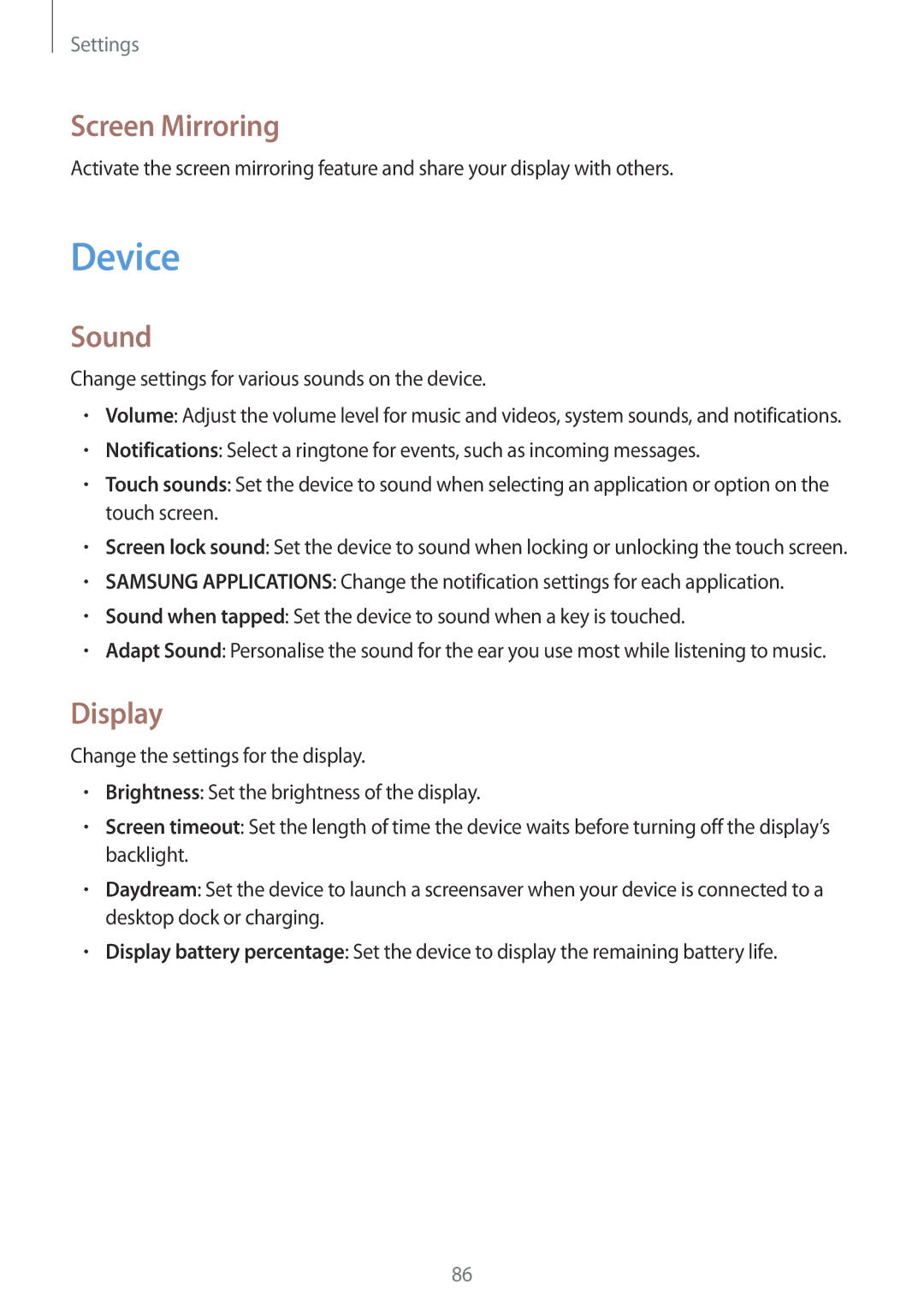 Samsung SM-T533NYKAPHE, SM-T533NYKAXEF, SM-T533NZWEXEF, SM-T533NZWAXEF manual Device, Screen Mirroring, Sound, Display 