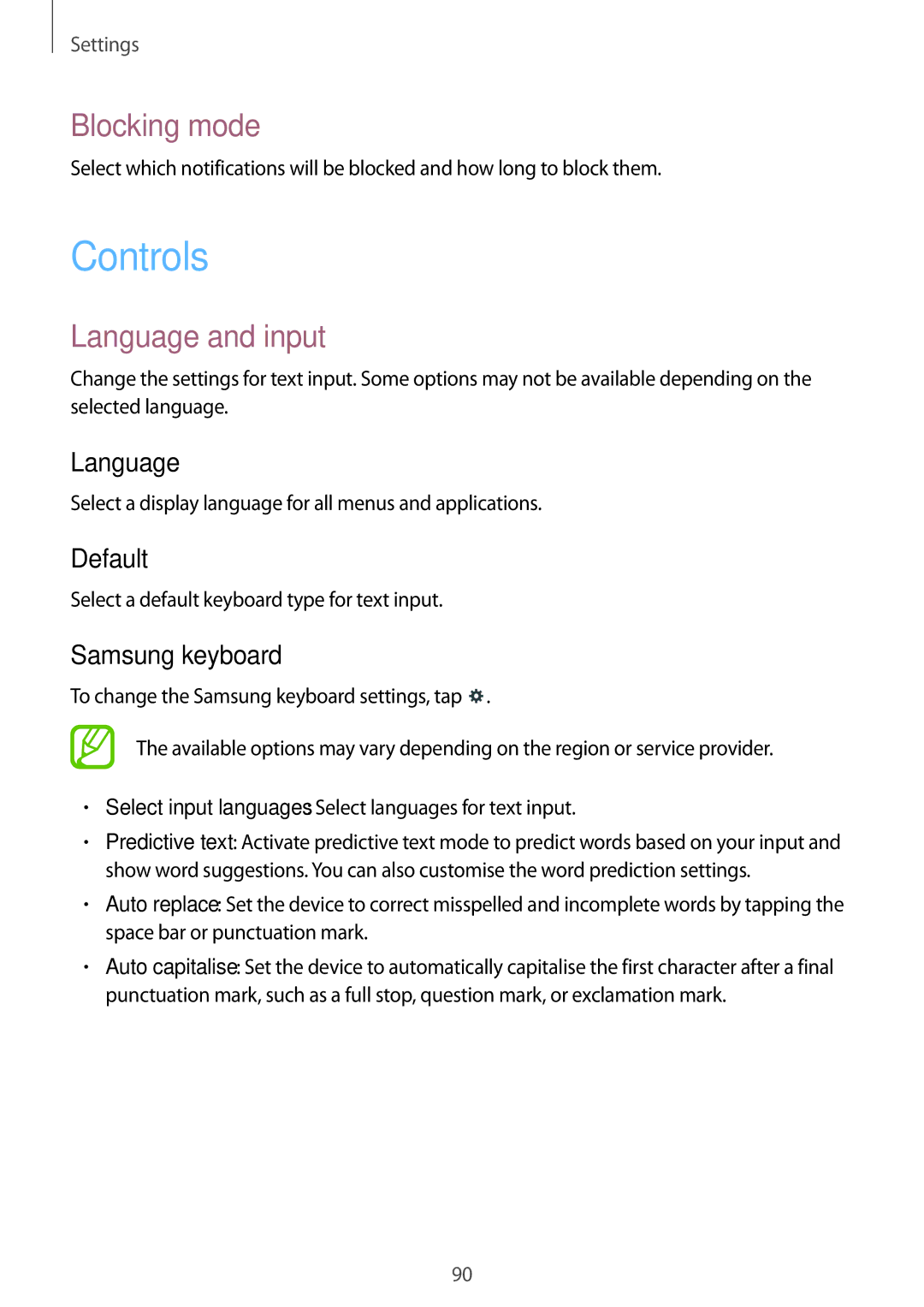 Samsung SM-T533NZWAXEZ, SM-T533NYKAXEF, SM-T533NZWEXEF, SM-T533NZWAXEF manual Controls, Blocking mode, Language and input 