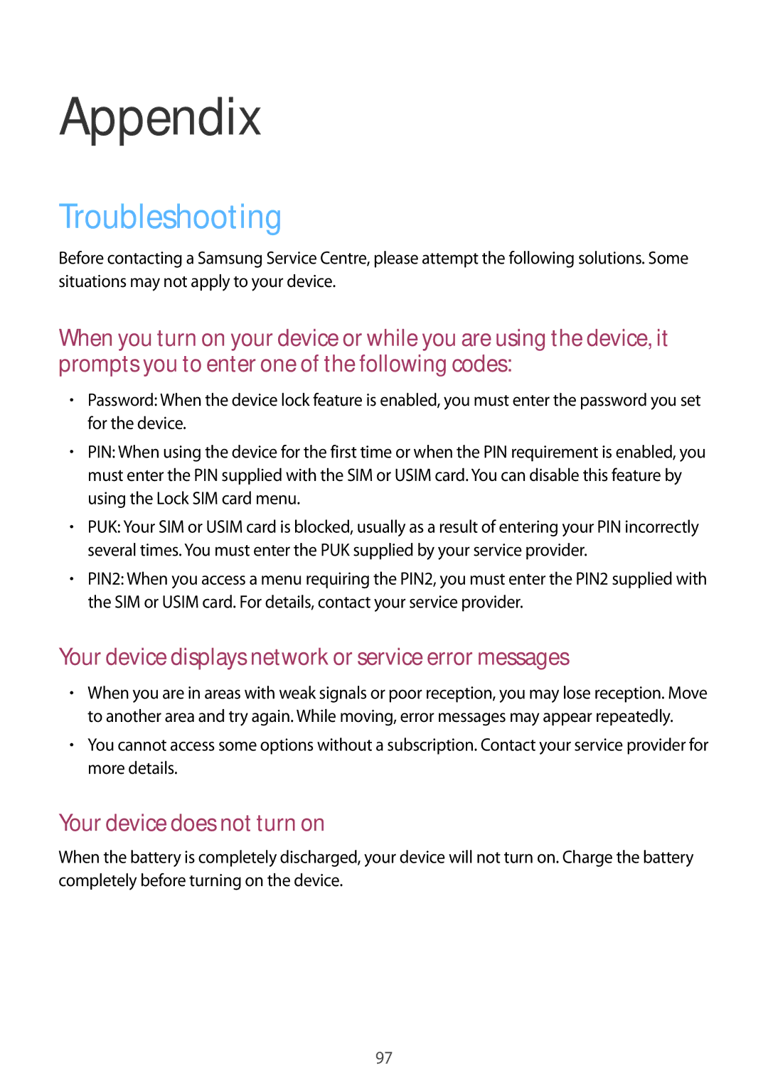 Samsung SM-T533NZWAXEO, SM-T533NYKAXEF, SM-T533NZWEXEF, SM-T533NZWAXEF, SM-T533NZWAAUT manual Appendix, Troubleshooting 