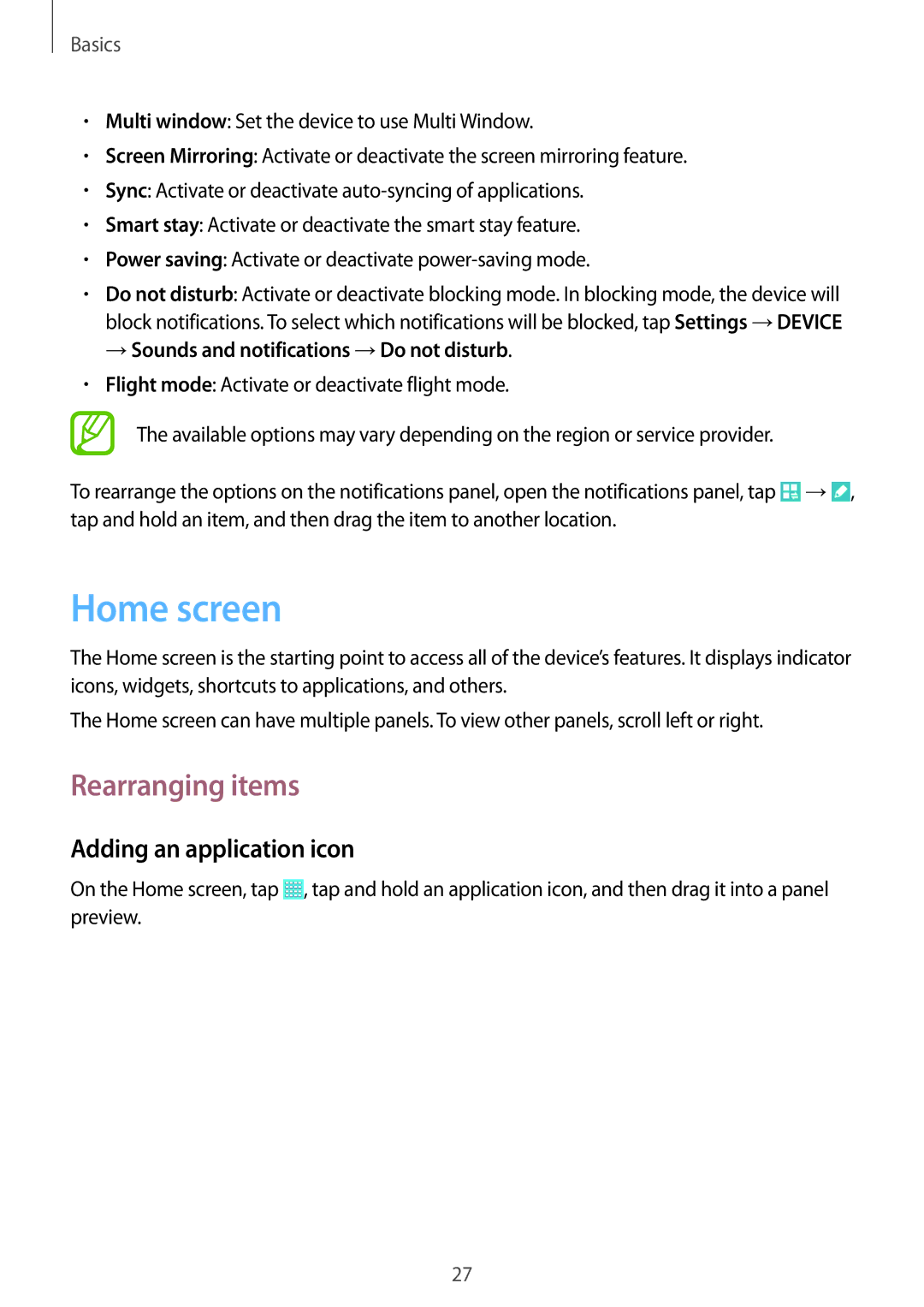 Samsung SM-T533NZWEXEF, SM-T533NYKAXEF, SM-T533NZWAXEF manual Home screen, Rearranging items, Adding an application icon 