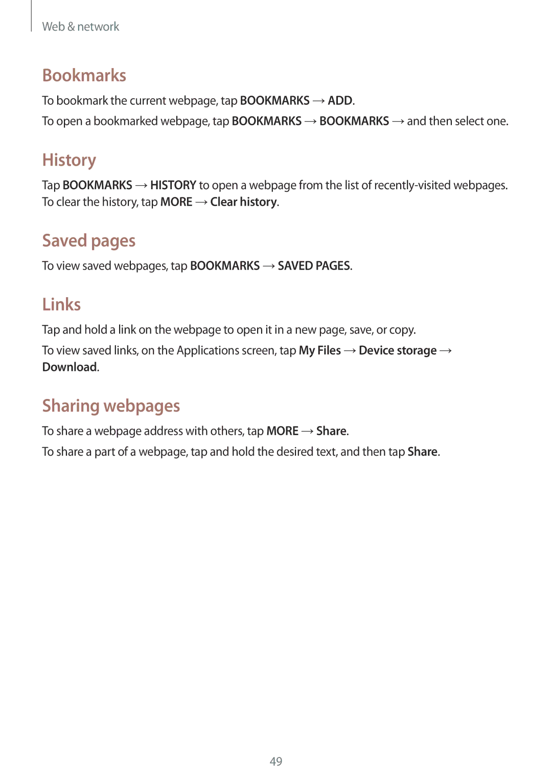 Samsung SM-T533NYKASEB, SM-T533NYKAXEF, SM-T533NZWEXEF manual Bookmarks, History, Saved pages, Links, Sharing webpages 