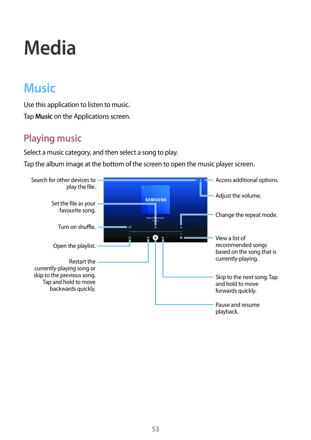 Samsung SM-T533NZWEXEF, SM-T533NYKAXEF, SM-T533NZWAXEF, SM-T533NZWAAUT, SM-T533NZWAITV manual Media, Music, Playing music 