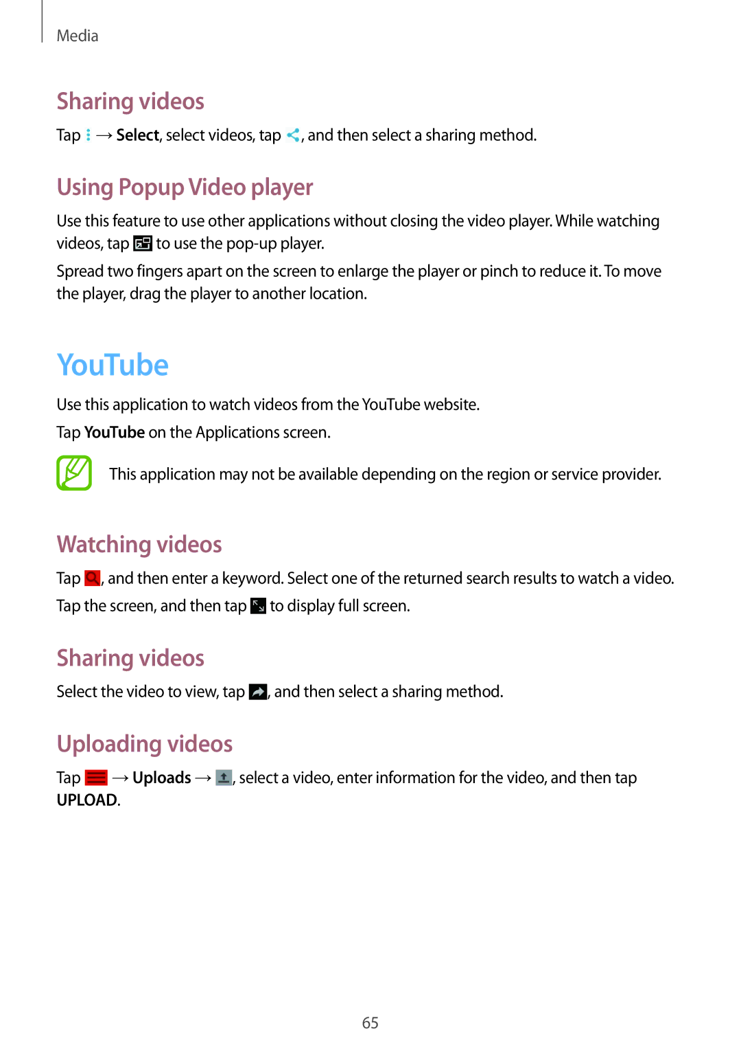 Samsung SM-T533NZWAATO manual YouTube, Sharing videos, Using Popup Video player, Watching videos, Uploading videos 