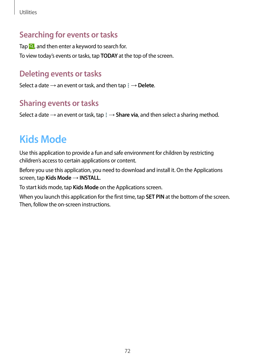 Samsung SM-T533NYKAXSK manual Kids Mode, Searching for events or tasks, Deleting events or tasks, Sharing events or tasks 