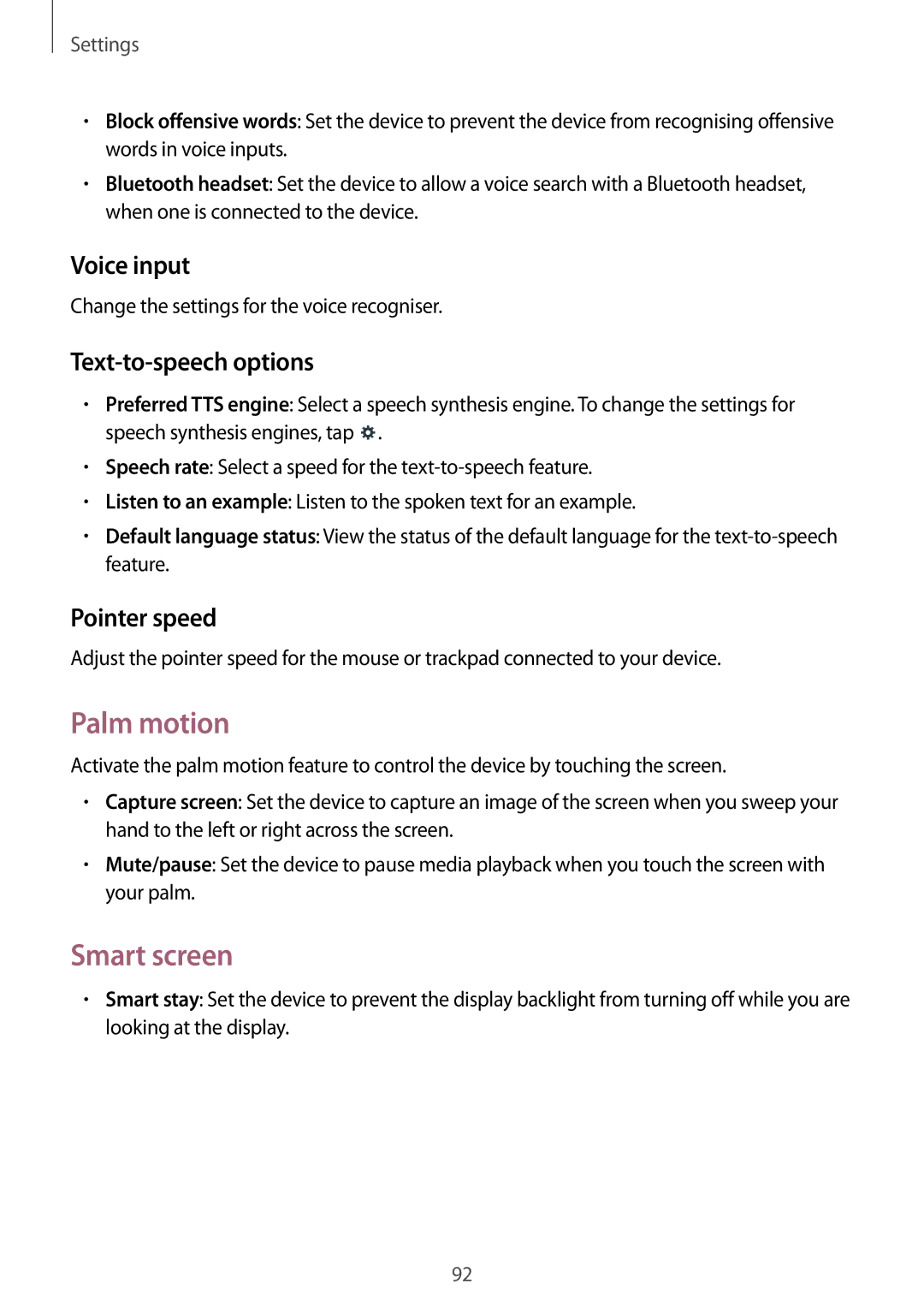 Samsung SM2T533NZWAXEZ, SM-T533NYKAXEF manual Palm motion, Smart screen, Voice input, Text-to-speech options, Pointer speed 