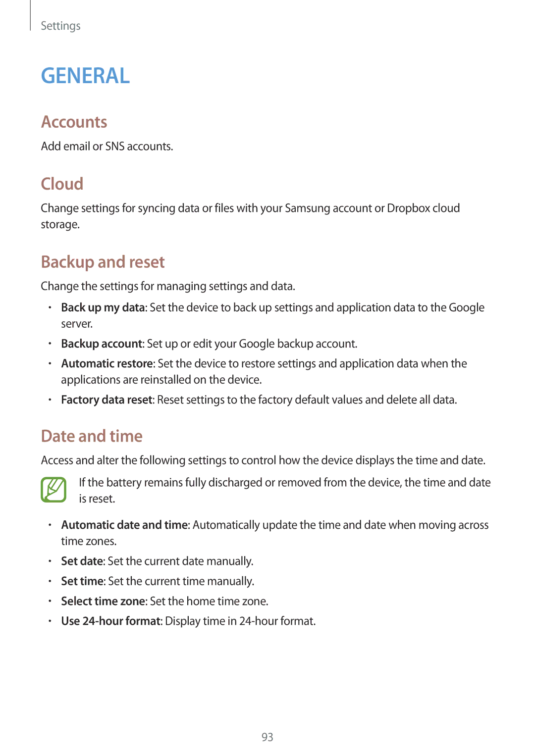 Samsung SM2T533NZWAXEH, SM-T533NYKAXEF, SM-T533NZWEXEF, SM-T533NZWAXEF manual Accounts, Cloud, Backup and reset, Date and time 